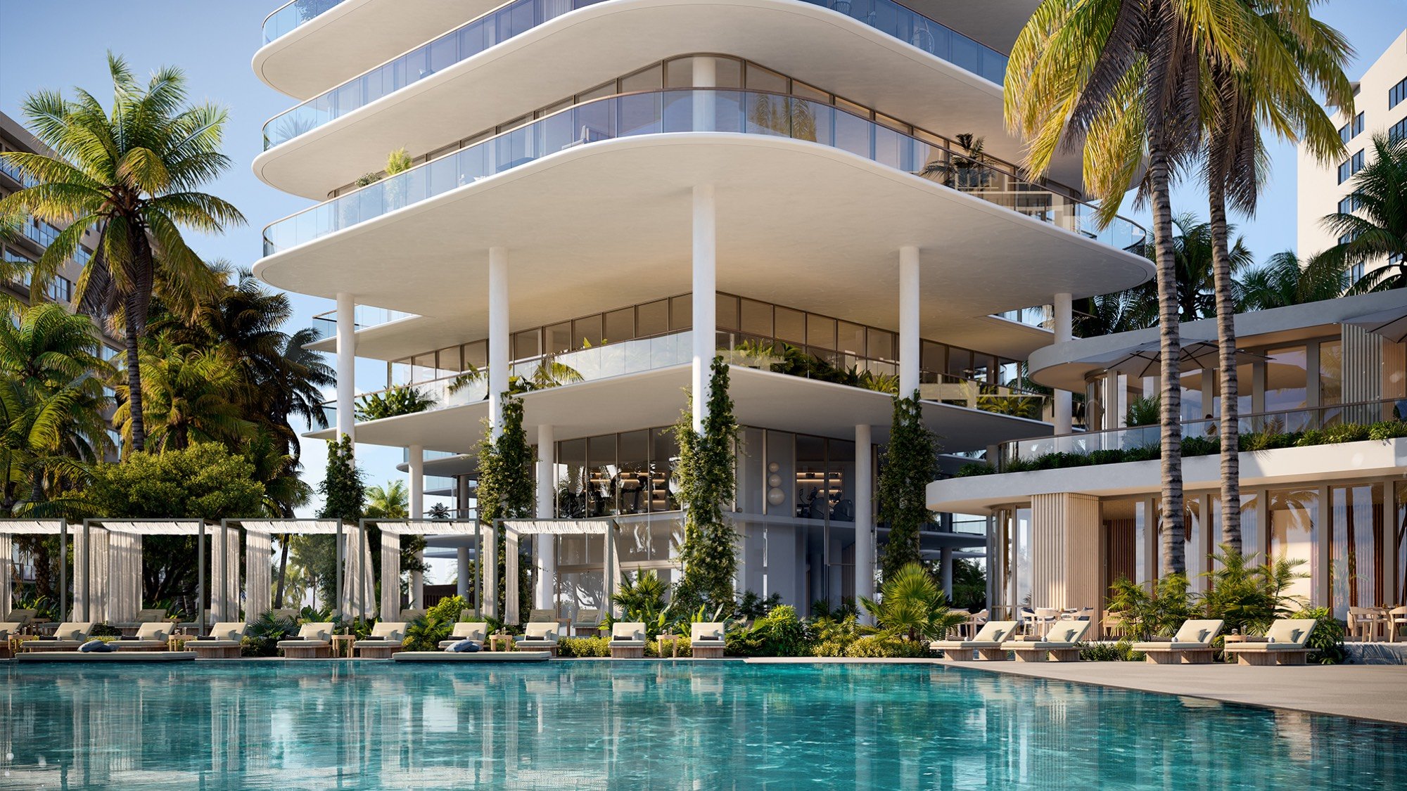 The Perigon Miami Beach resort poolside with cabanas and palms, oceanfront amenities for luxury and ultra luxury condos; preconstruction. Featuring modern and view.