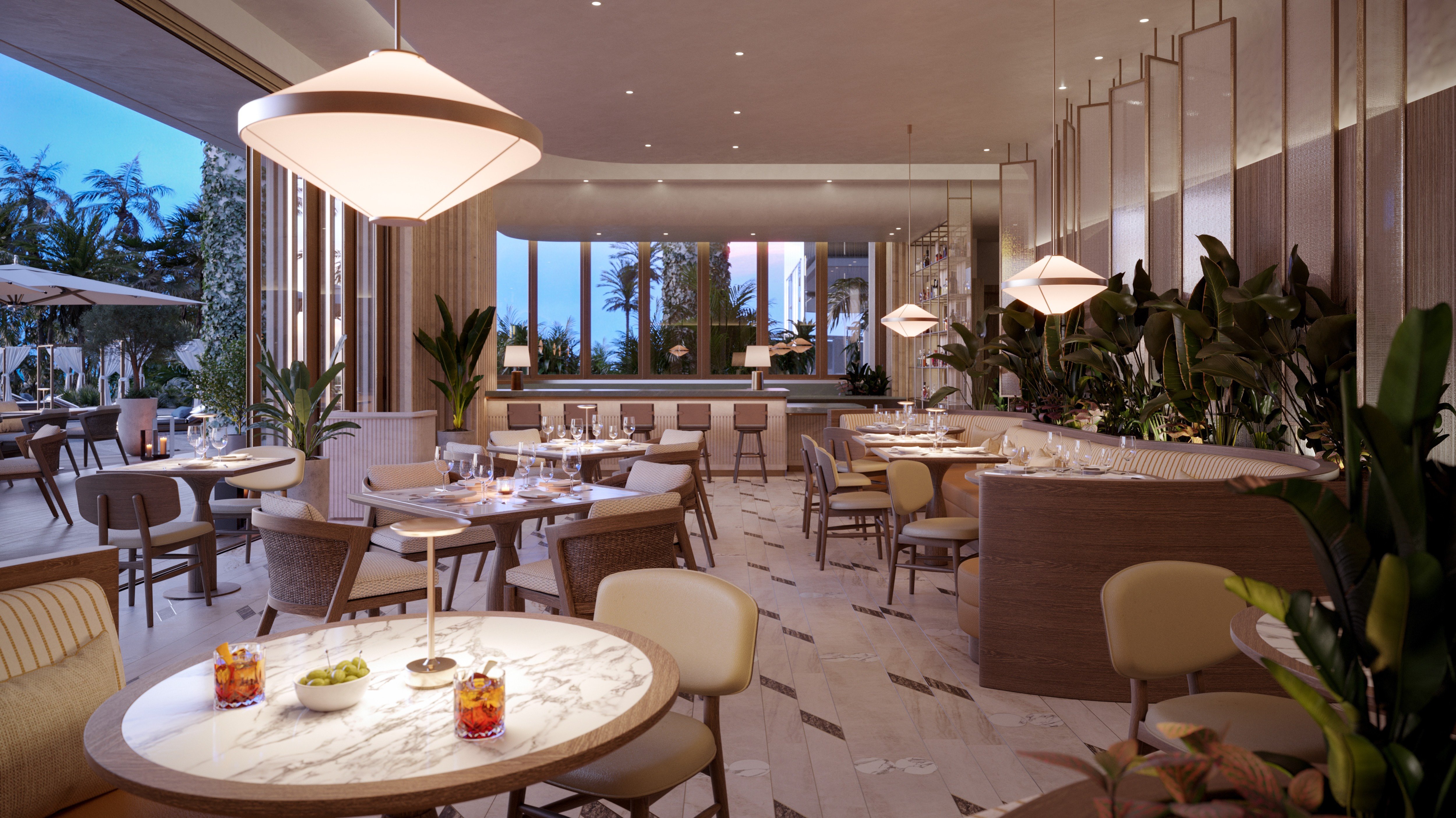 The Perigon Miami Beach coastal restaurant interior, chef‑driven dining for residents of luxury and ultra luxury condos; preconstruction. Featuring modern design.