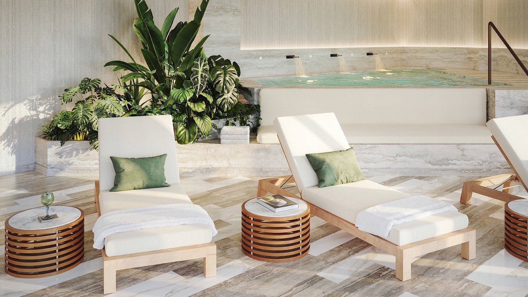 The Perigon Miami Beach spa lounge with pool, greenery and soft light, wellness retreat for luxury and ultra luxury condos; preconstruction. Featuring area and plants.