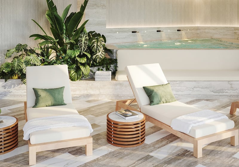 The Perigon Miami Beach spa lounge with pool, greenery and soft light, wellness retreat for luxury and ultra luxury condos; preconstruction. Featuring area and plants.