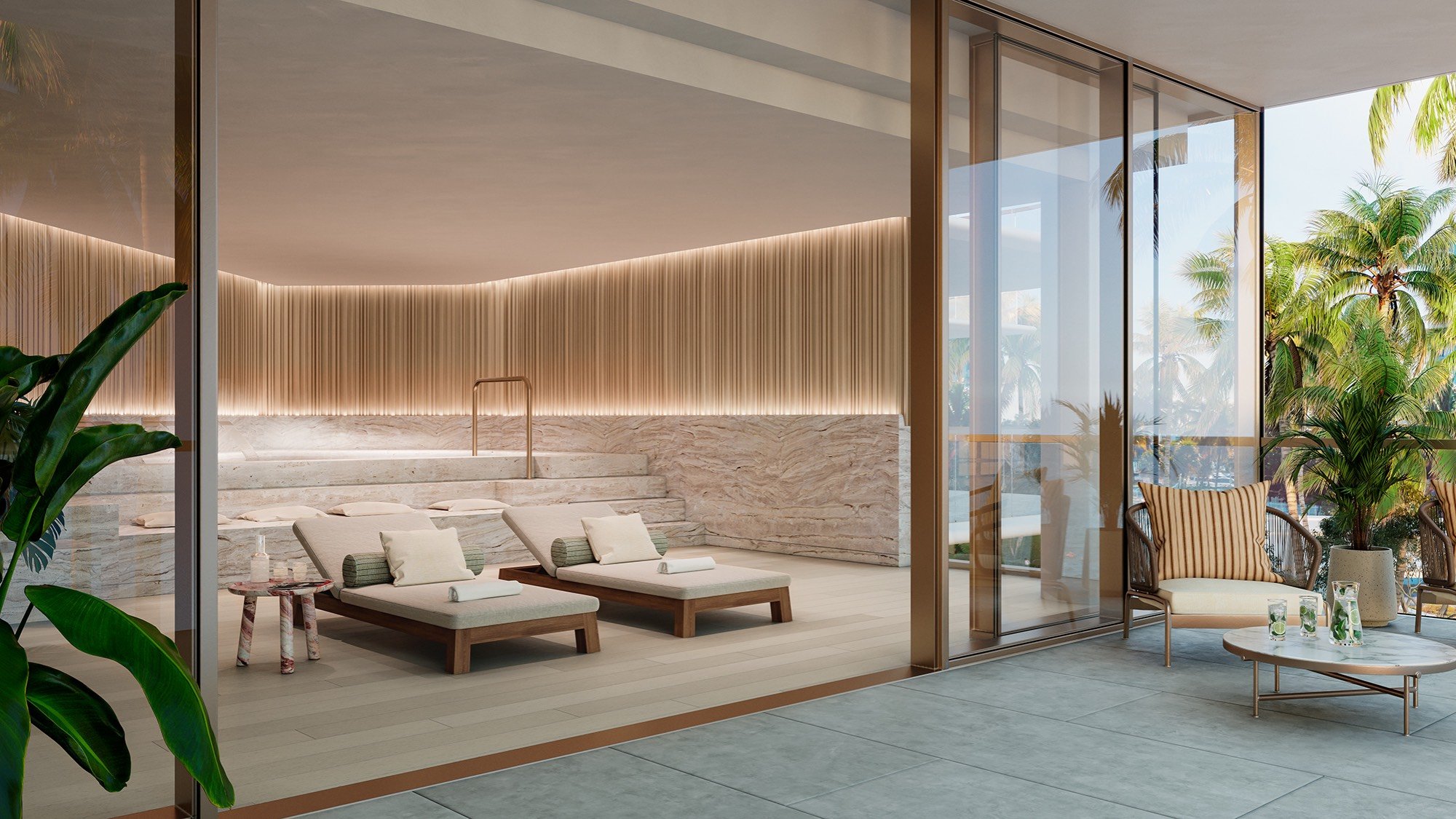 The Perigon Miami Beach spa lounge interior, tranquil seating, relaxation amenity for luxury and ultra luxury condos; preconstruction.
