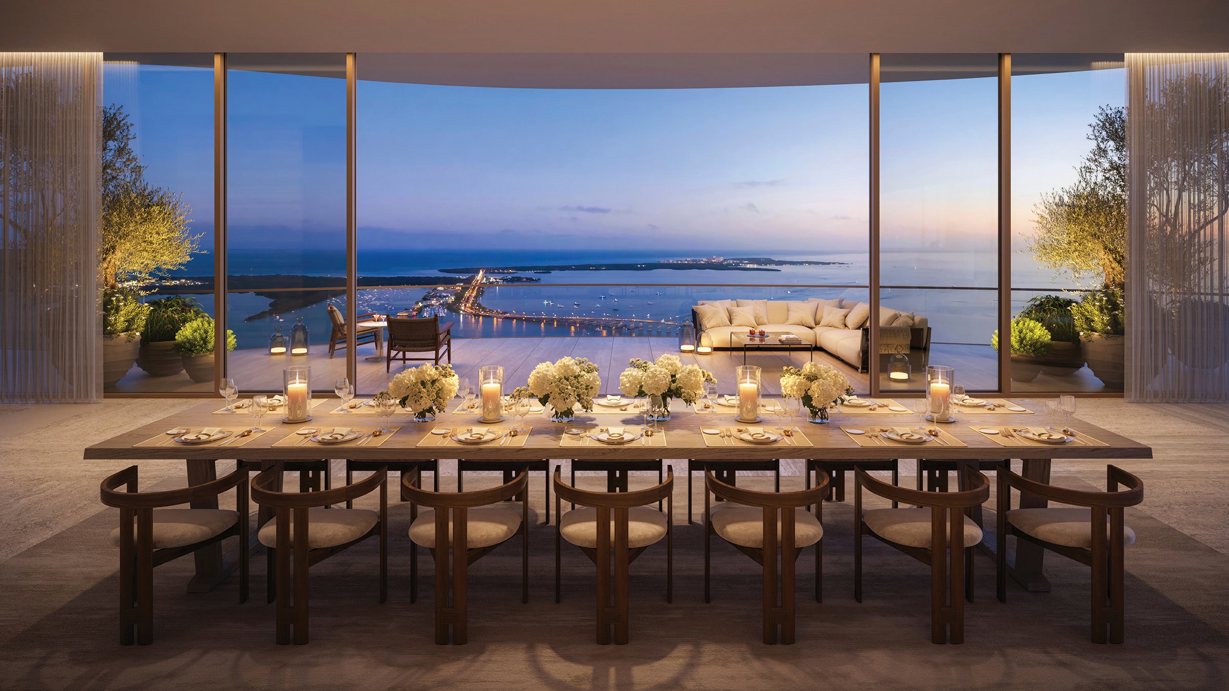 The Residences at 1428 Brickell elegant dining room with ocean‑sunset view—Brickell, Miami luxury and ultra luxury condos; preconstruction.