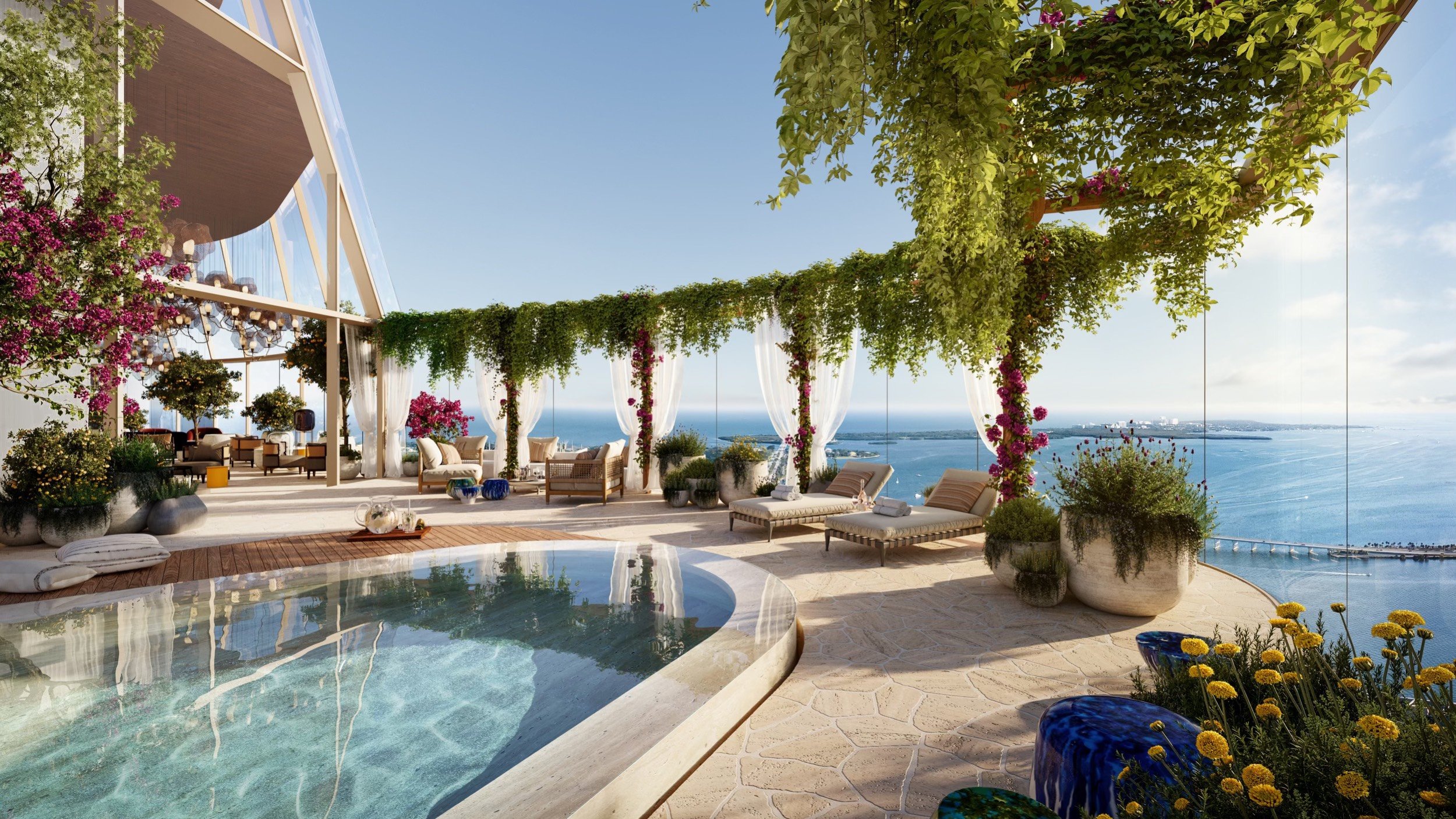 The Residences at 1428 Brickell patio overlooking the sea—Brickell, Miami lifestyle in luxury and ultra luxury condos; preconstruction.