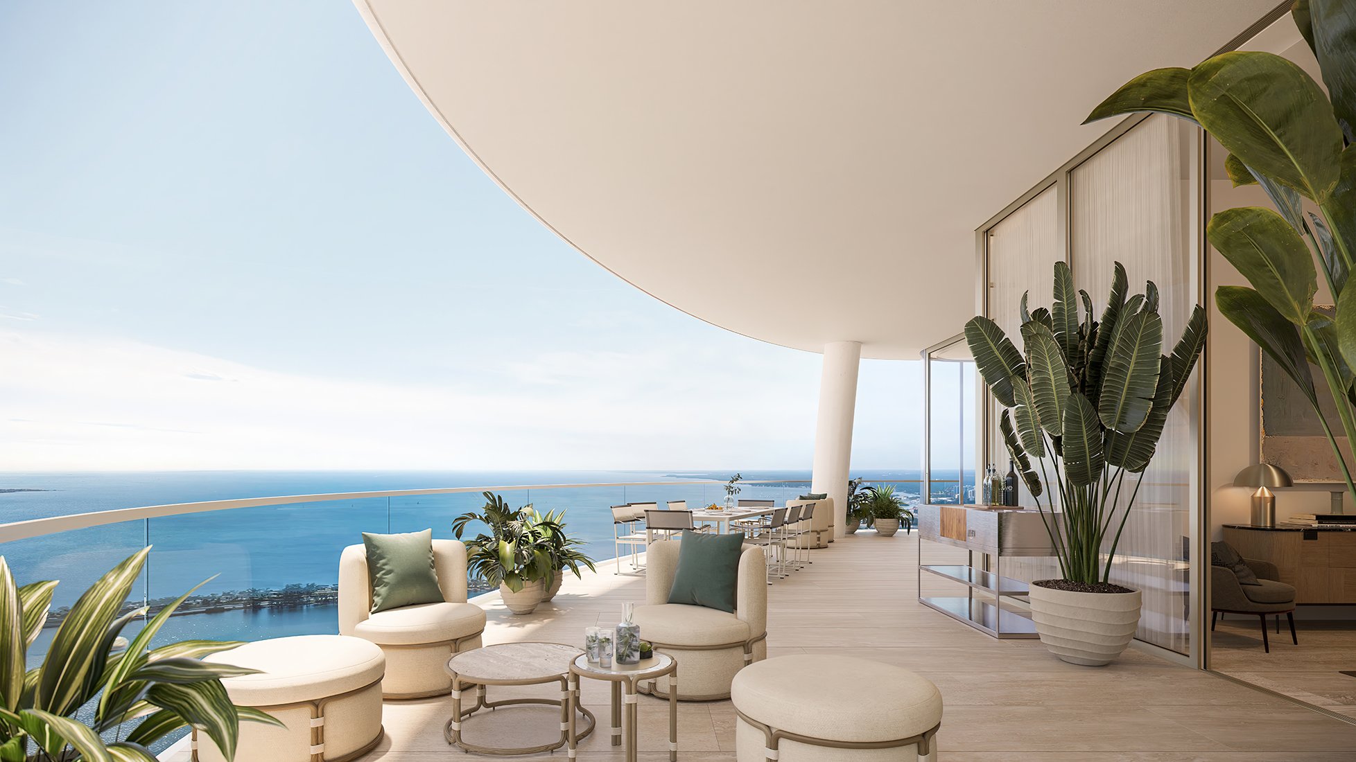 The Residences at 1428 Brickell balcony with seaside view - Brickell, Miami sky‑level living in luxury and ultra luxury condos; preconstruction.