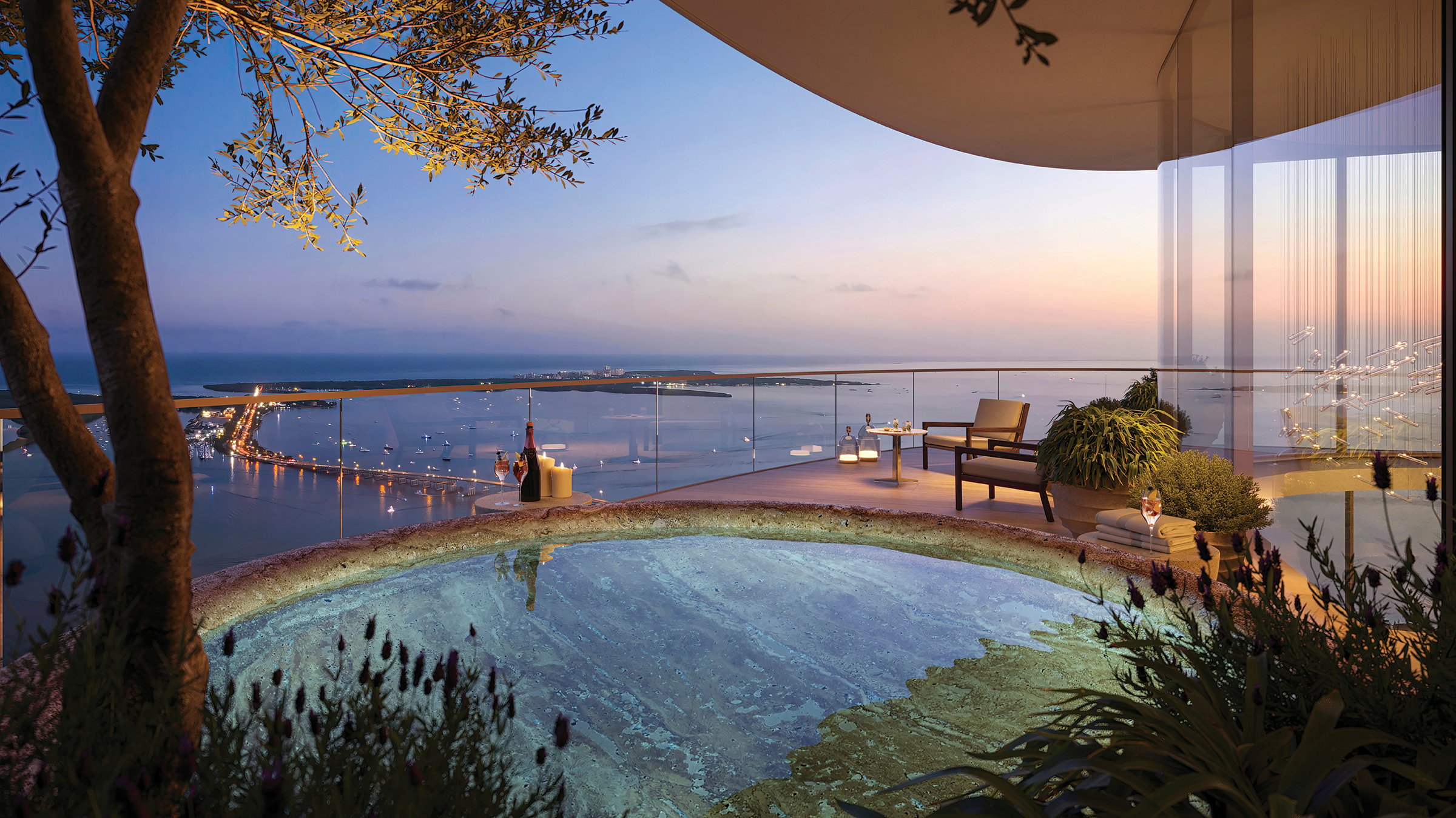 The Residences at 1428 Brickell balcony view at sunset with pool. Brickell, Miami luxury and ultra luxury condos; preconstruction.