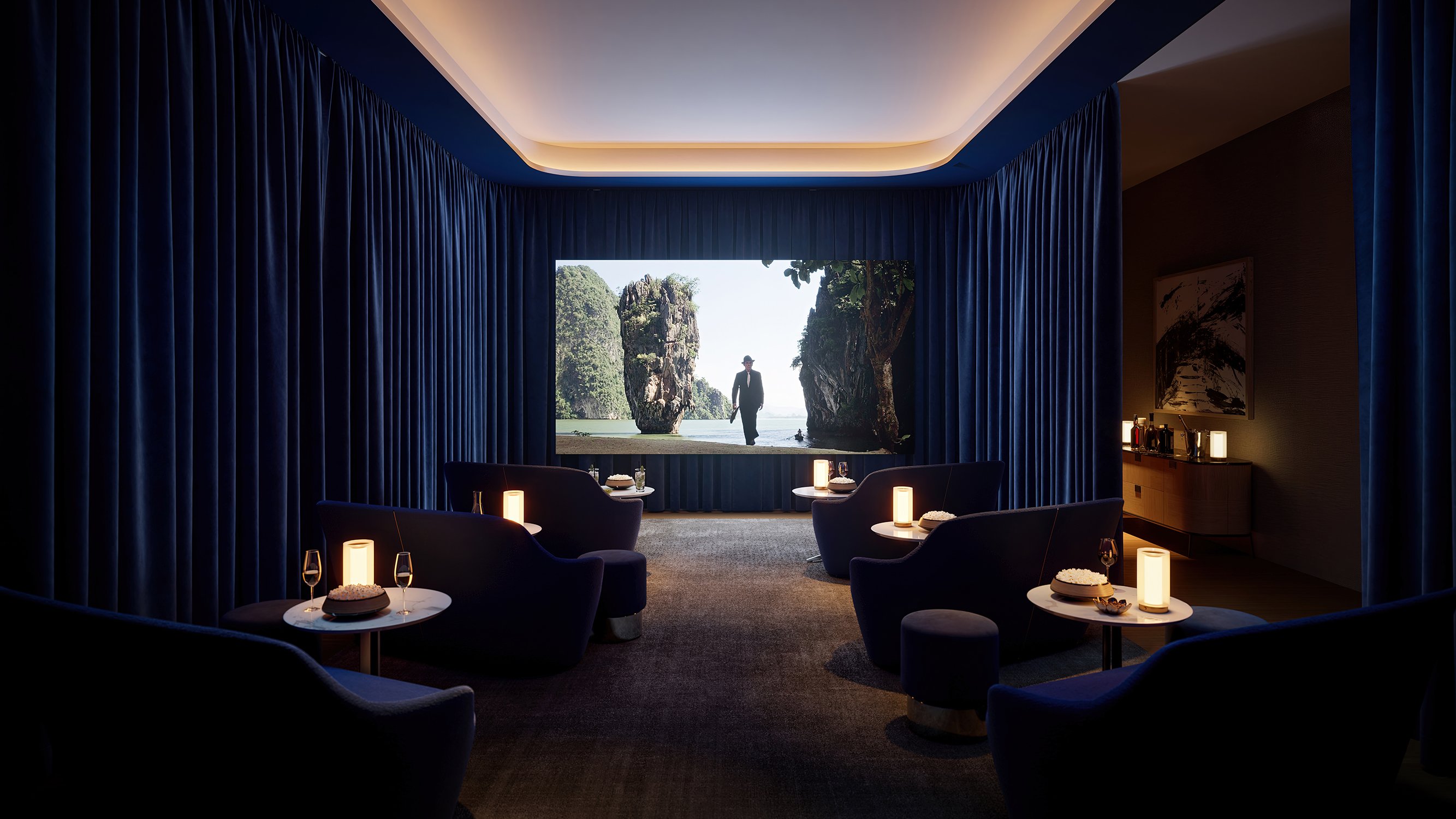 The Residences at 1428 Brickell private home theater—Brickell, Miami entertainment amenity for luxury and ultra luxury condos; preconstruction.