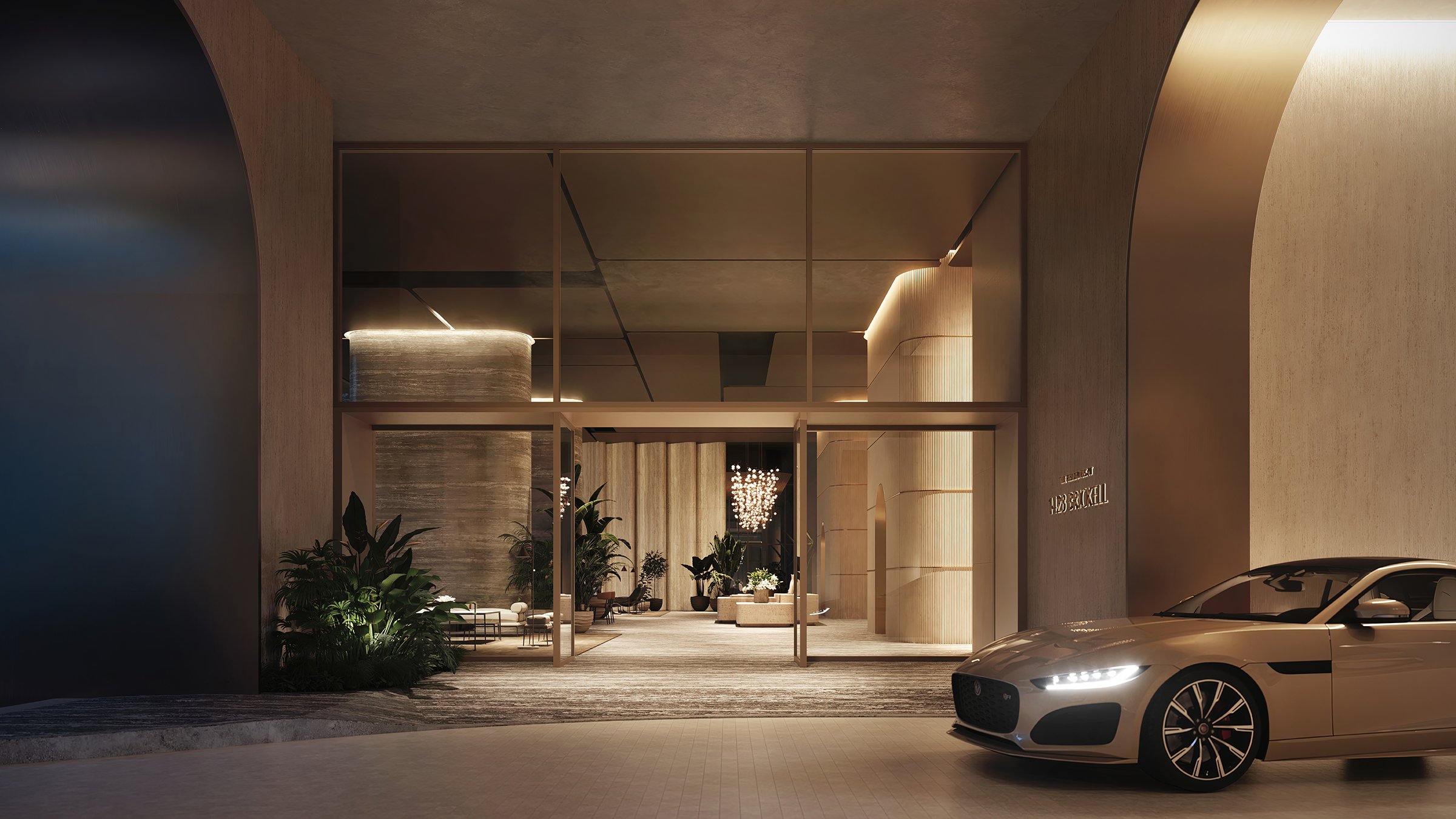 The Residences at 1428 Brickell hotel‑style entrance interior. Brickell, Miami grand arrival for luxury and ultra luxury condos; preconstruction.
