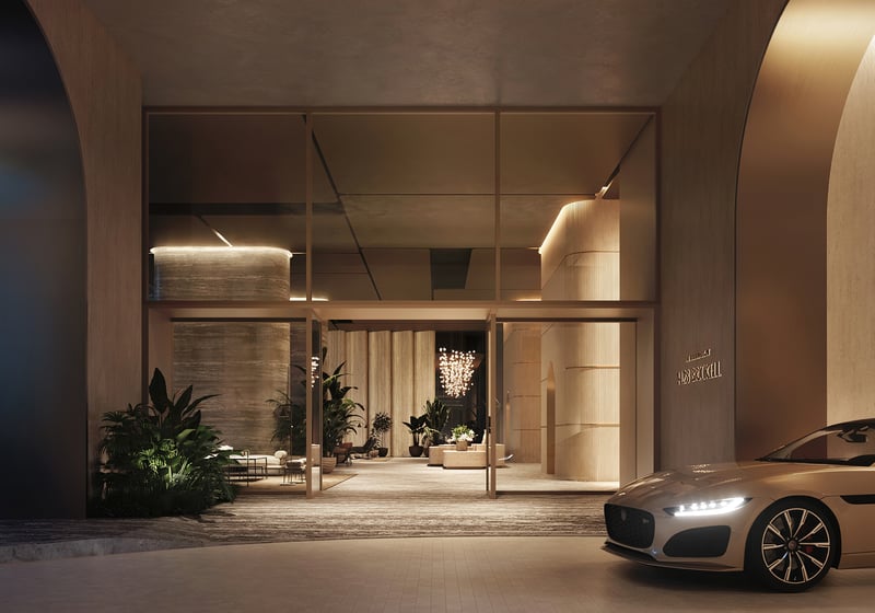 The Residences at 1428 Brickell hotel‑style entrance interior. Brickell, Miami grand arrival for luxury and ultra luxury condos; preconstruction.