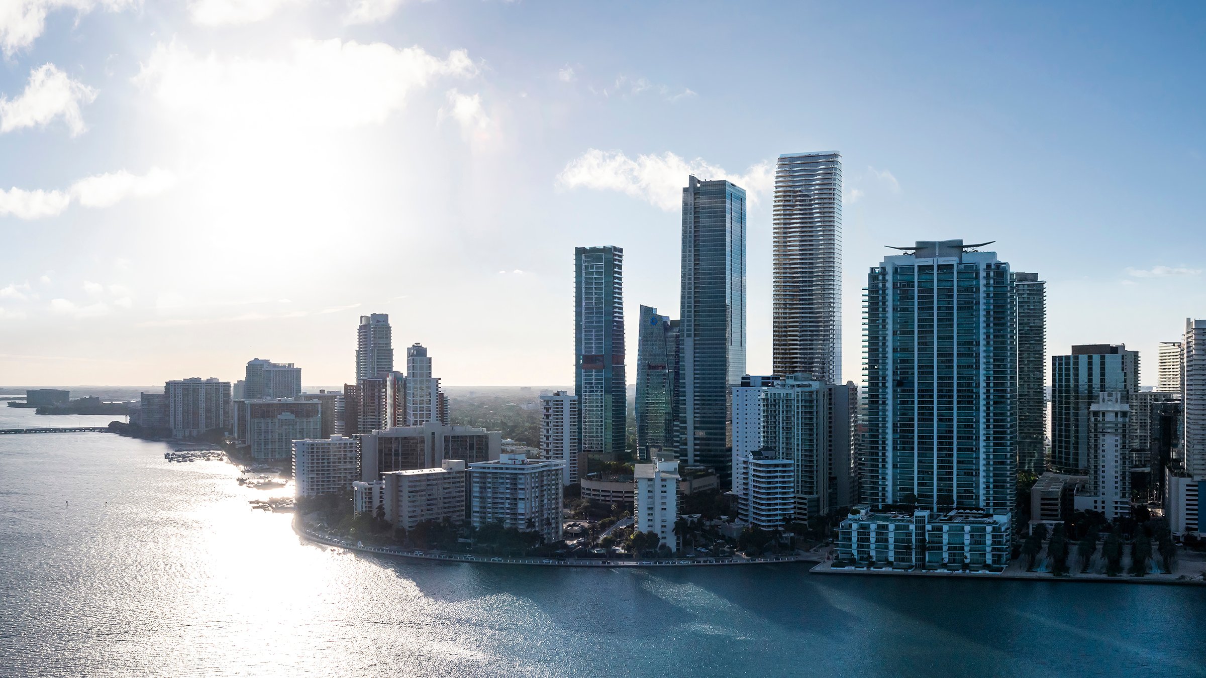 The Residences at 1428 Brickell sunset skyline and bay horizon. Brickell, Miami; signature address of luxury and ultra luxury condos, preconstruction.