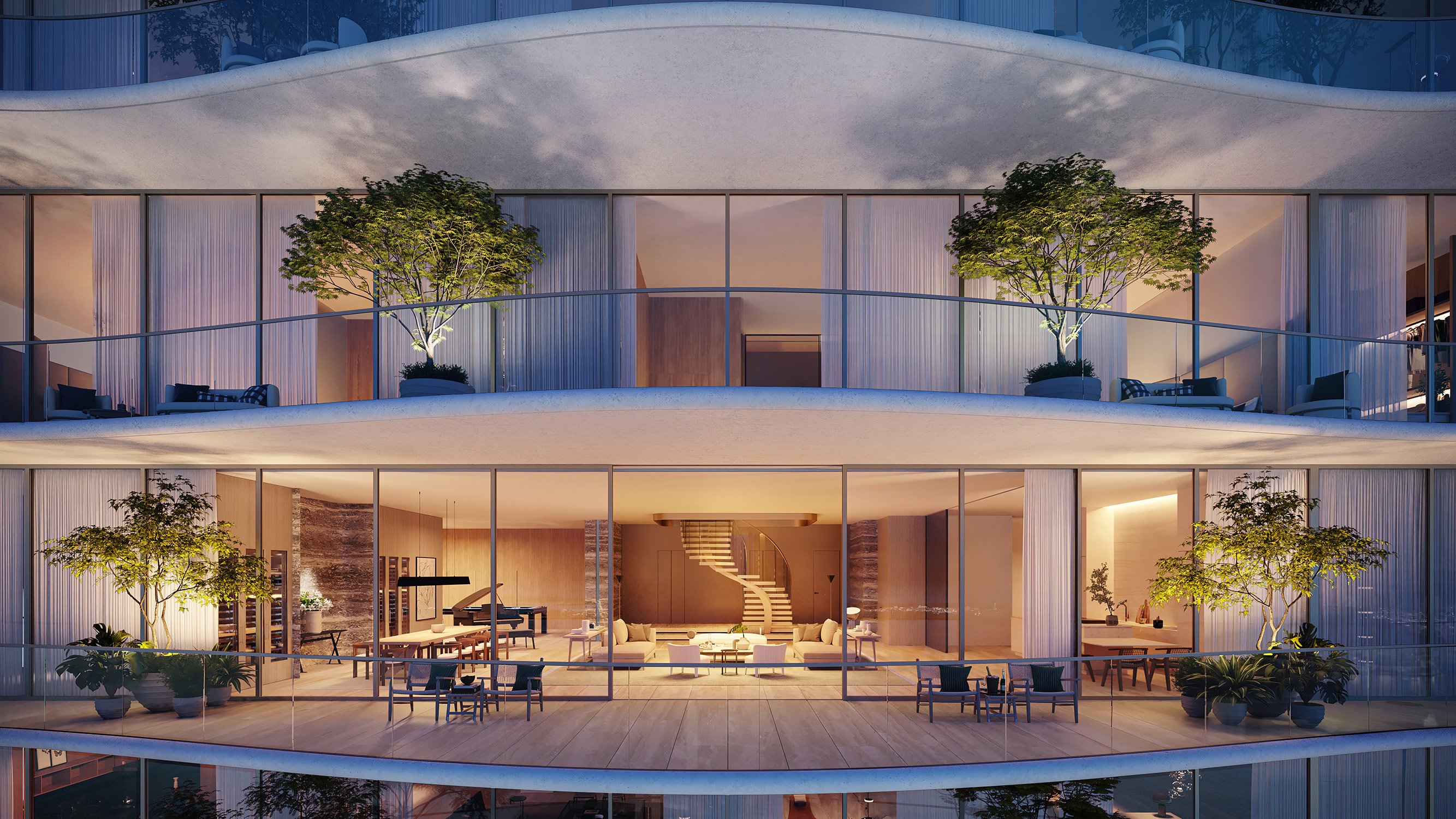 The Residences at 1428 Brickell architectural balconies glowing at night—Brickell, Miami; striking tower of luxury and ultra luxury condos, preconstruction.