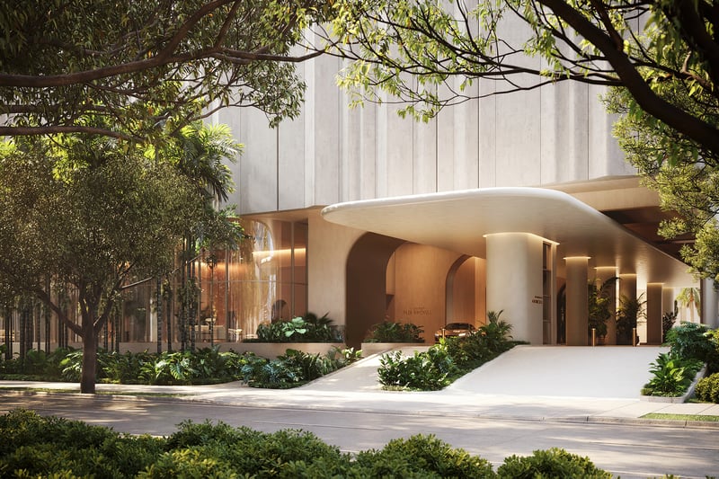 The Residences at 1428 Brickell landscaped entrance with greenery. Brickell, Miami; refined arrival for luxury and ultra luxury condos, preconstruction. Featuring modern and architectural.