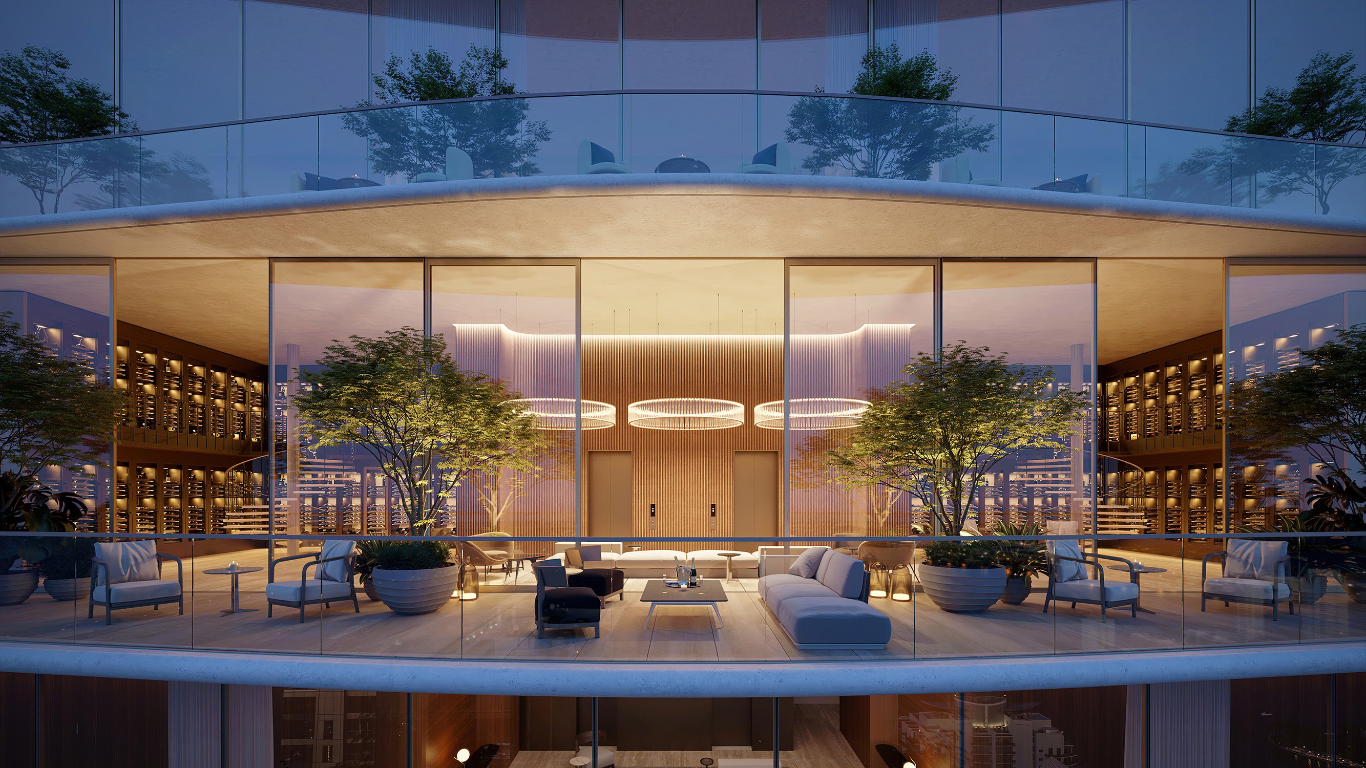 The Residences at 1428 Brickell modern balcony interior design with bay view. Brickell, Miami; elegant living in luxury and ultra luxury condos, preconstruction.