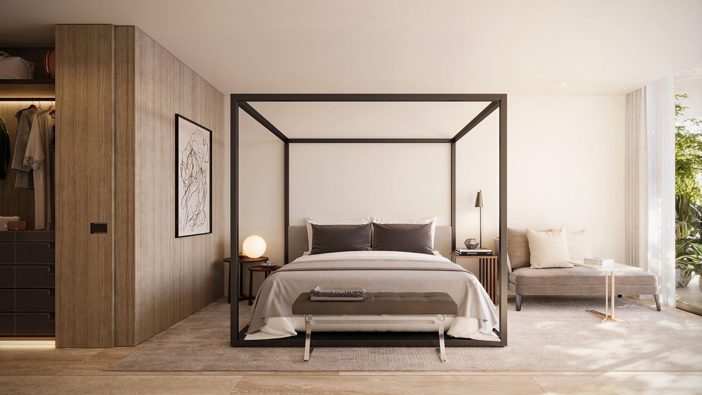 The Residences at 1428 Brickell modern bedroom with bespoke finishes. Brickell, Miami; serene retreat in luxury and ultra luxury condos, preconstruction. Featuring interior design.
