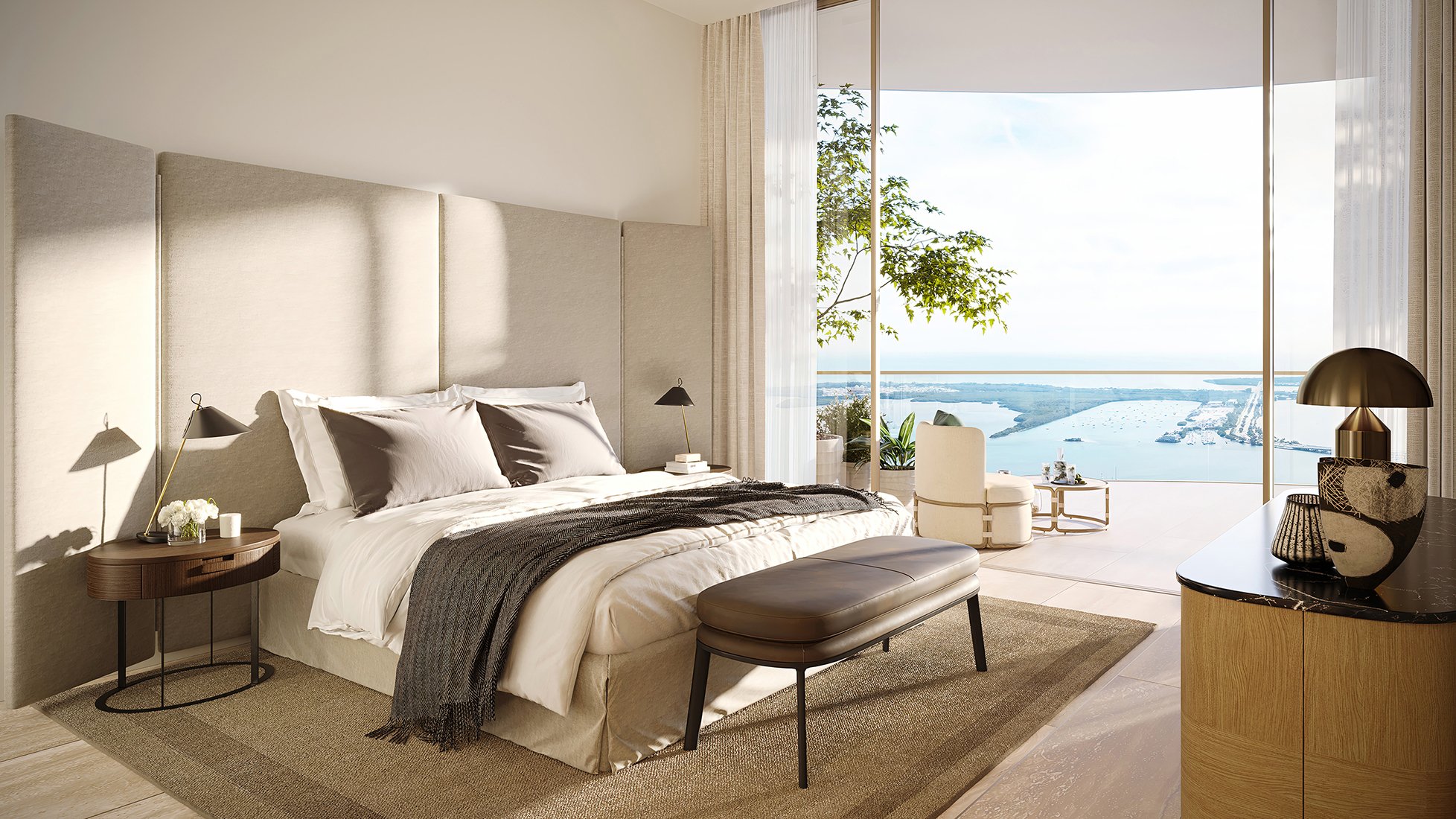 The Residences at 1428 Brickell bedroom with ocean and bay view. Brickell, Miami; sky‑level living in luxury and ultra luxury condos, preconstruction. Featuring modern.