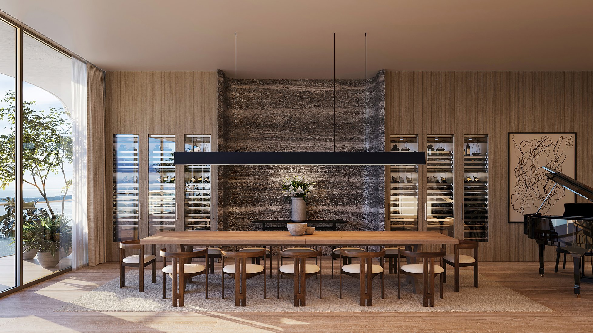 The Residences at 1428 Brickell modern dining room with designer lighting. Brickell, Miami; sophisticated layout in luxury and ultra luxury condos, preconstruction. Featuring interior.