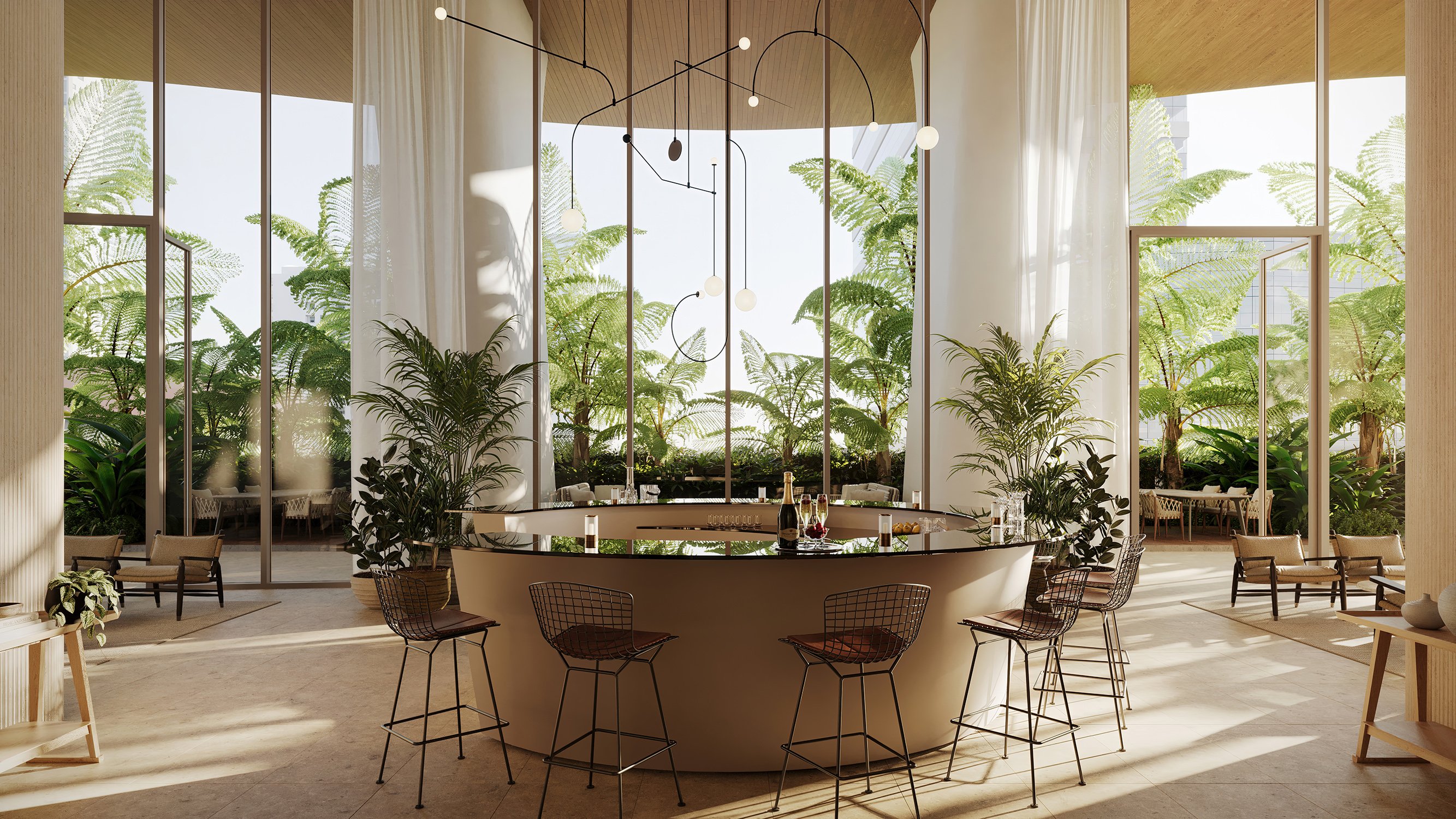 The Residences at 1428 Brickell bar lounge with plant accents. Brickell, Miami; social amenity for luxury and ultra luxury condos, preconstruction. Featuring modern interior.