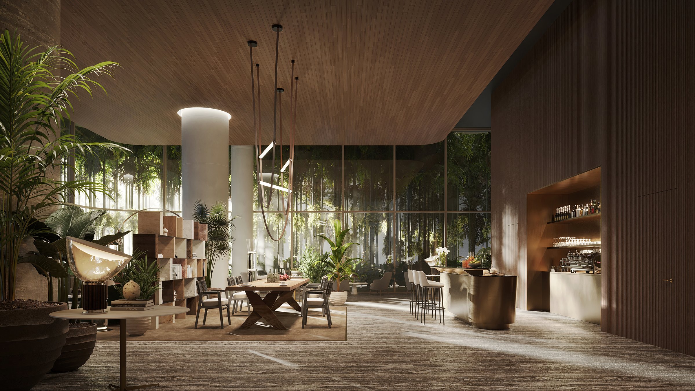 The Residences at 1428 Brickell lounge with lush greenery and natural light. Brickell, Miami; tranquil space for luxury and ultra luxury condos, preconstruction. Featuring modern interior and plants.