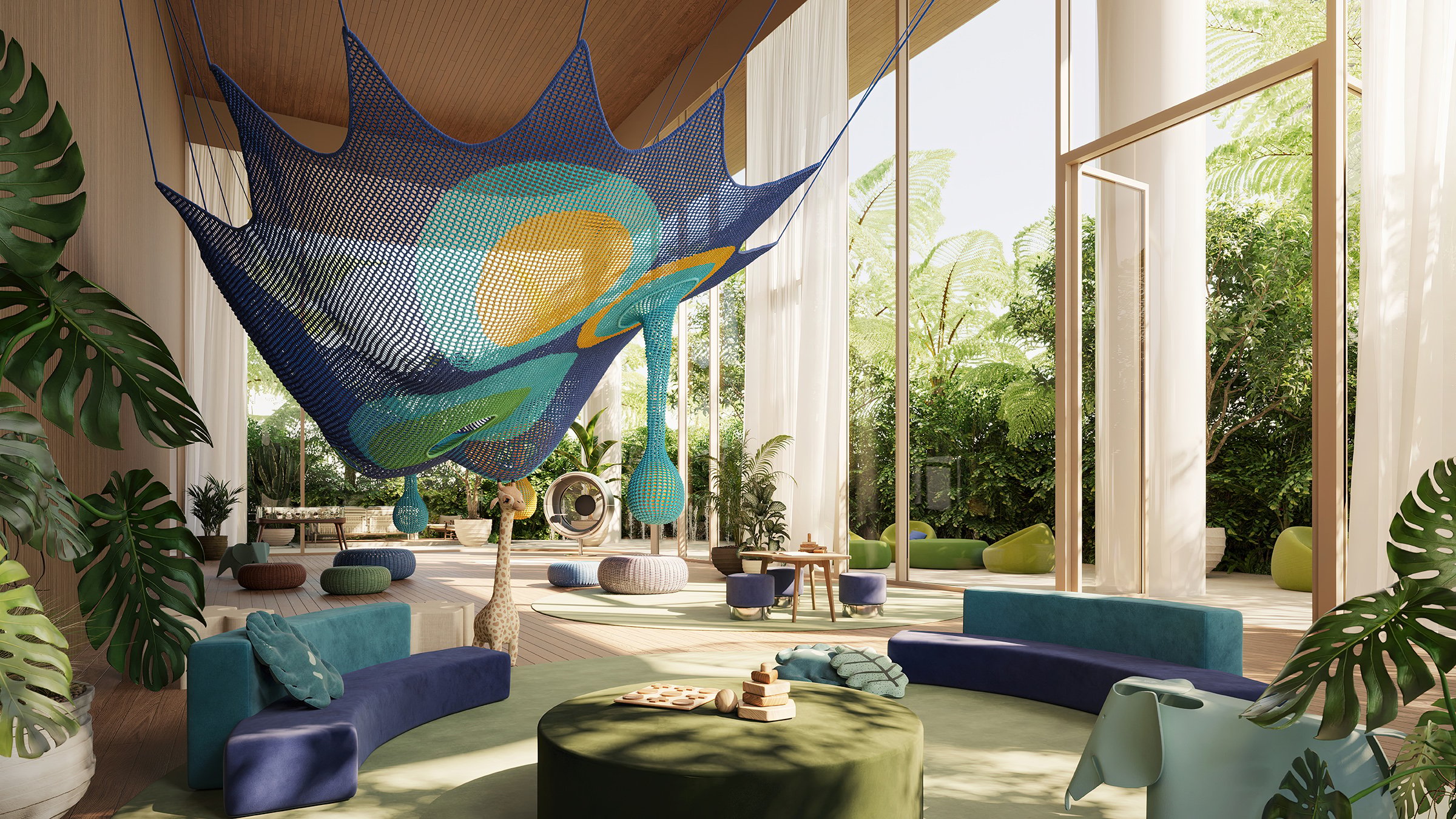 The Residences at 1428 Brickell children’s playroom with hanging net. Brickell, Miami; family amenity in luxury and ultra luxury condos, preconstruction. Featuring modern interior.