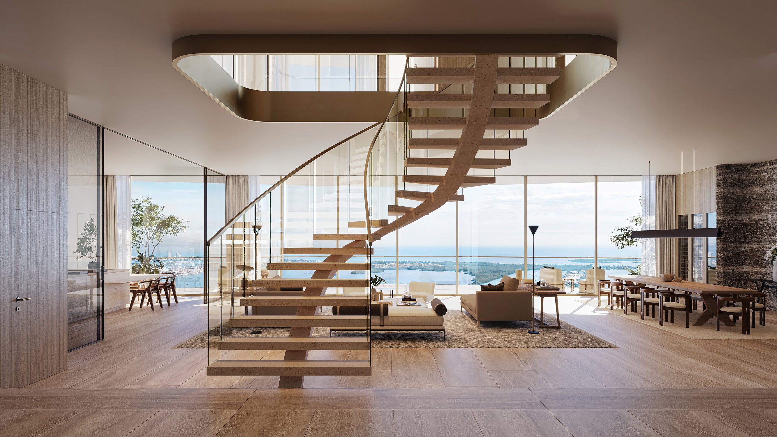 The Residences at 1428 Brickell sculptural staircase and modern art. Brickell, Miami; gallery‑style detail in luxury and ultra luxury condos, preconstruction. Featuring interior and view.