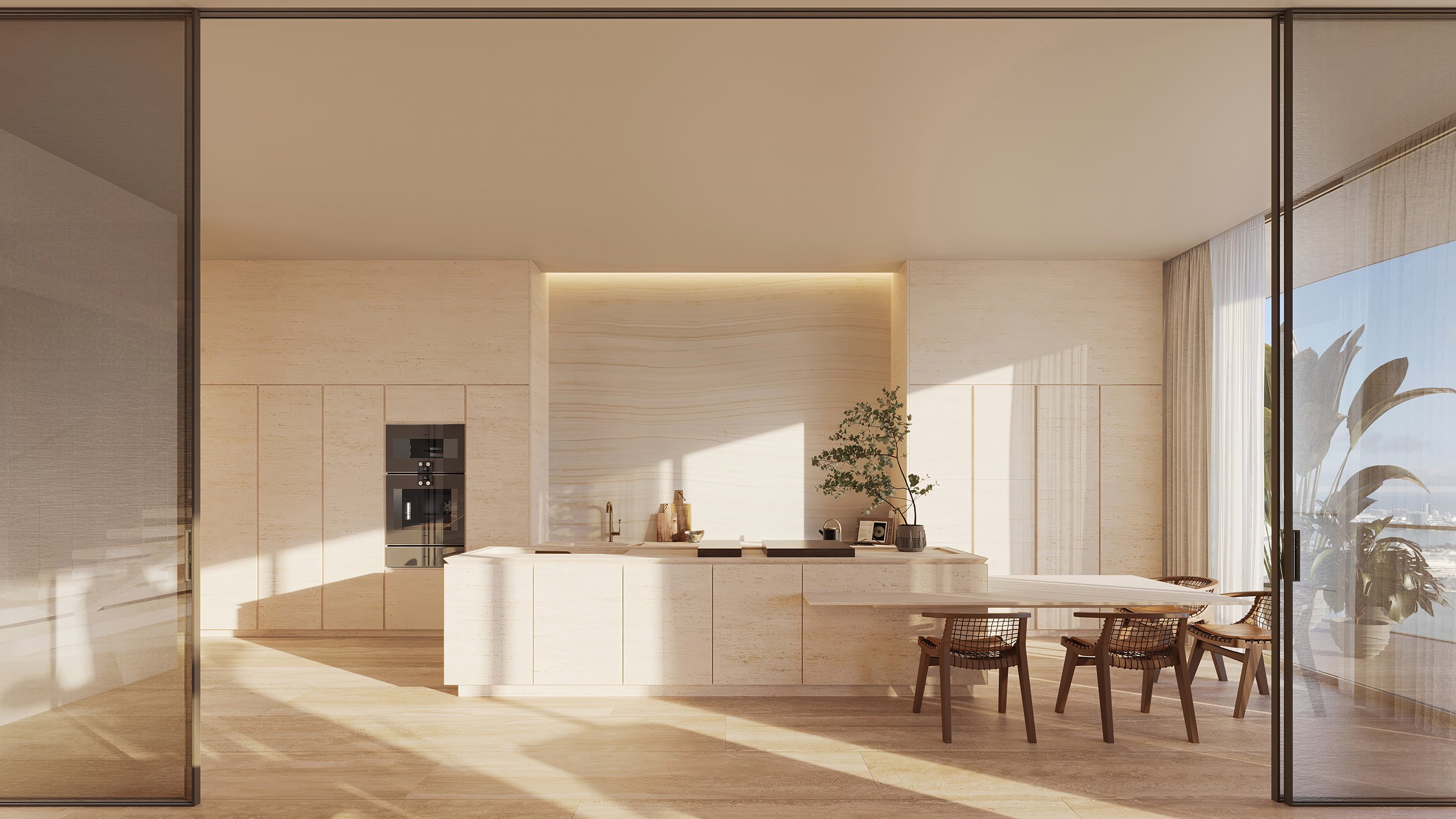 The Residences at 1428 Brickell kitchen in natural light with island. Brickell, Miami; chef‑ready design in luxury and ultra luxury condos, preconstruction. Featuring modern interior.