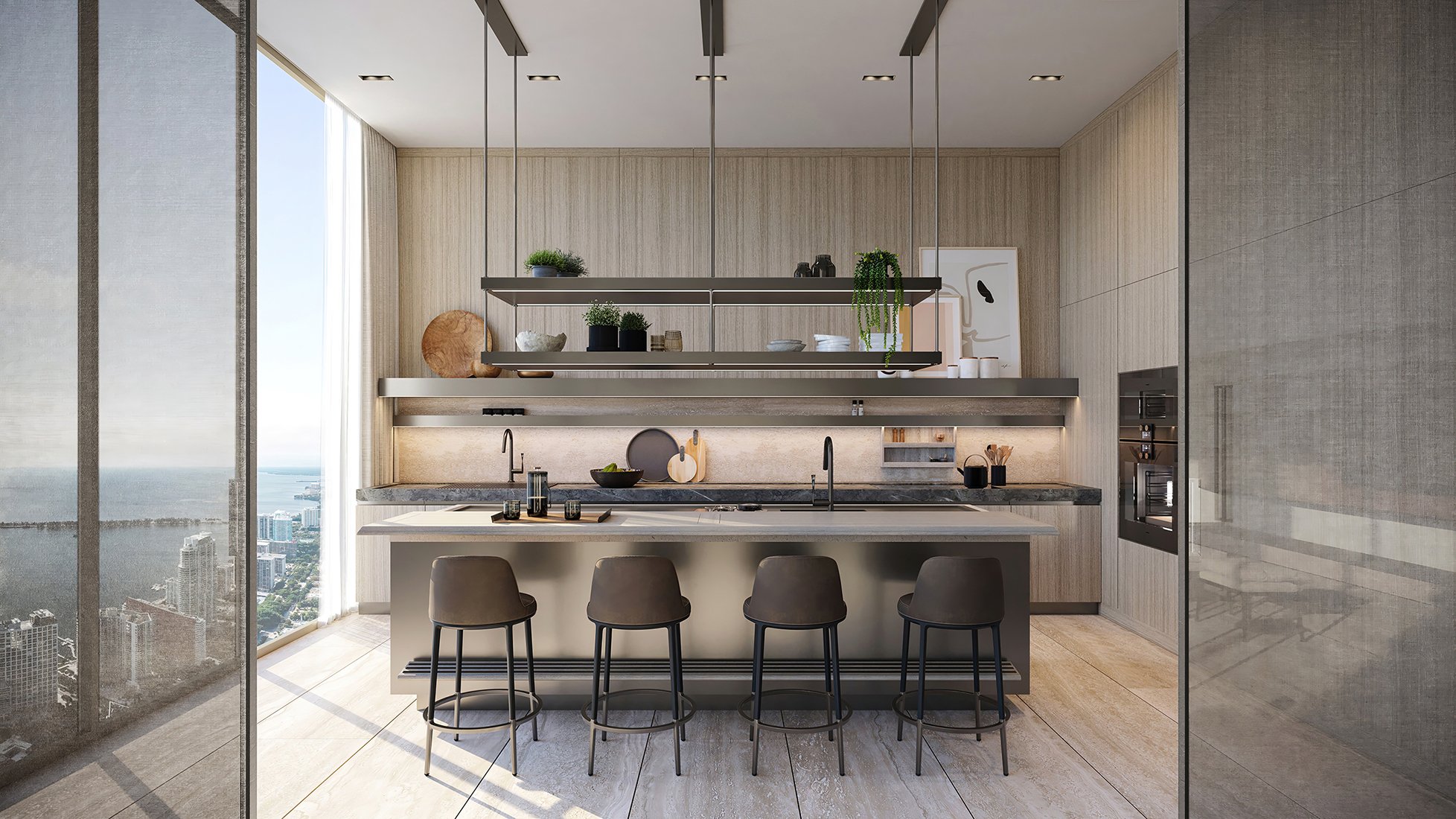 The Residences at 1428 Brickell kitchen with sweeping city and bay views. Brickell, Miami; refined finishes in luxury and ultra luxury condos, preconstruction. Featuring modern interior.