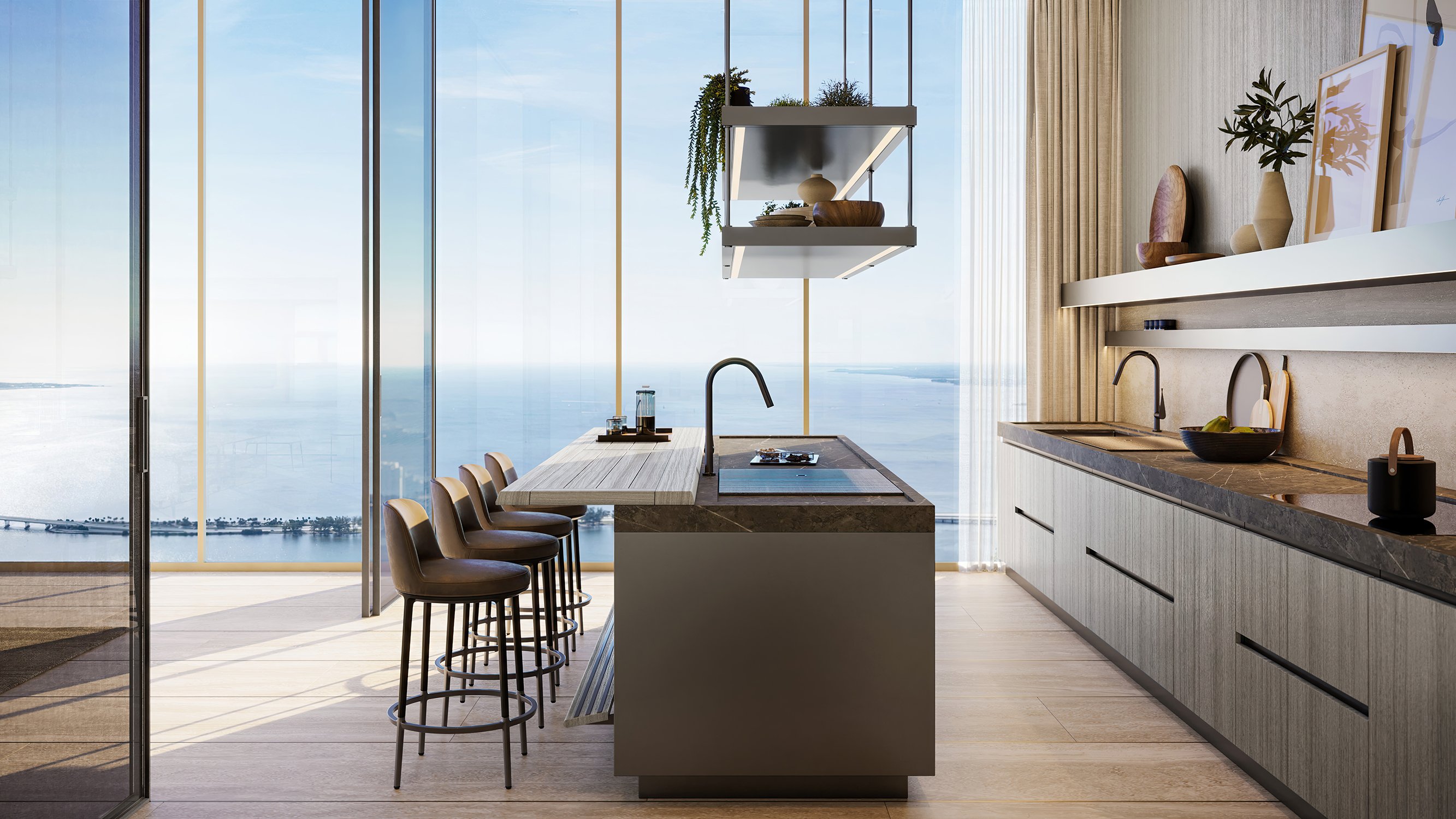 The Residences at 1428 Brickell kitchen with ocean view and premium appliances. Brickell, Miami; elevated living in luxury and ultra luxury condos, preconstruction. Featuring modern.