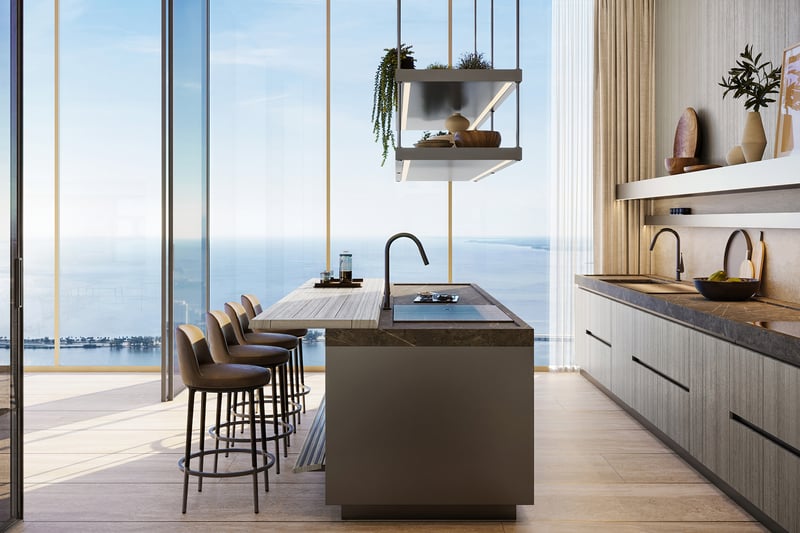 The Residences at 1428 Brickell kitchen with ocean view and premium appliances. Brickell, Miami; elevated living in luxury and ultra luxury condos, preconstruction. Featuring modern.