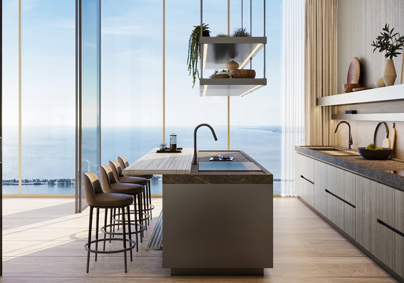 The Residences at 1428 Brickell kitchen with ocean view and premium appliances. Brickell, Miami; elevated living in luxury and ultra luxury condos, preconstruction. Featuring modern.