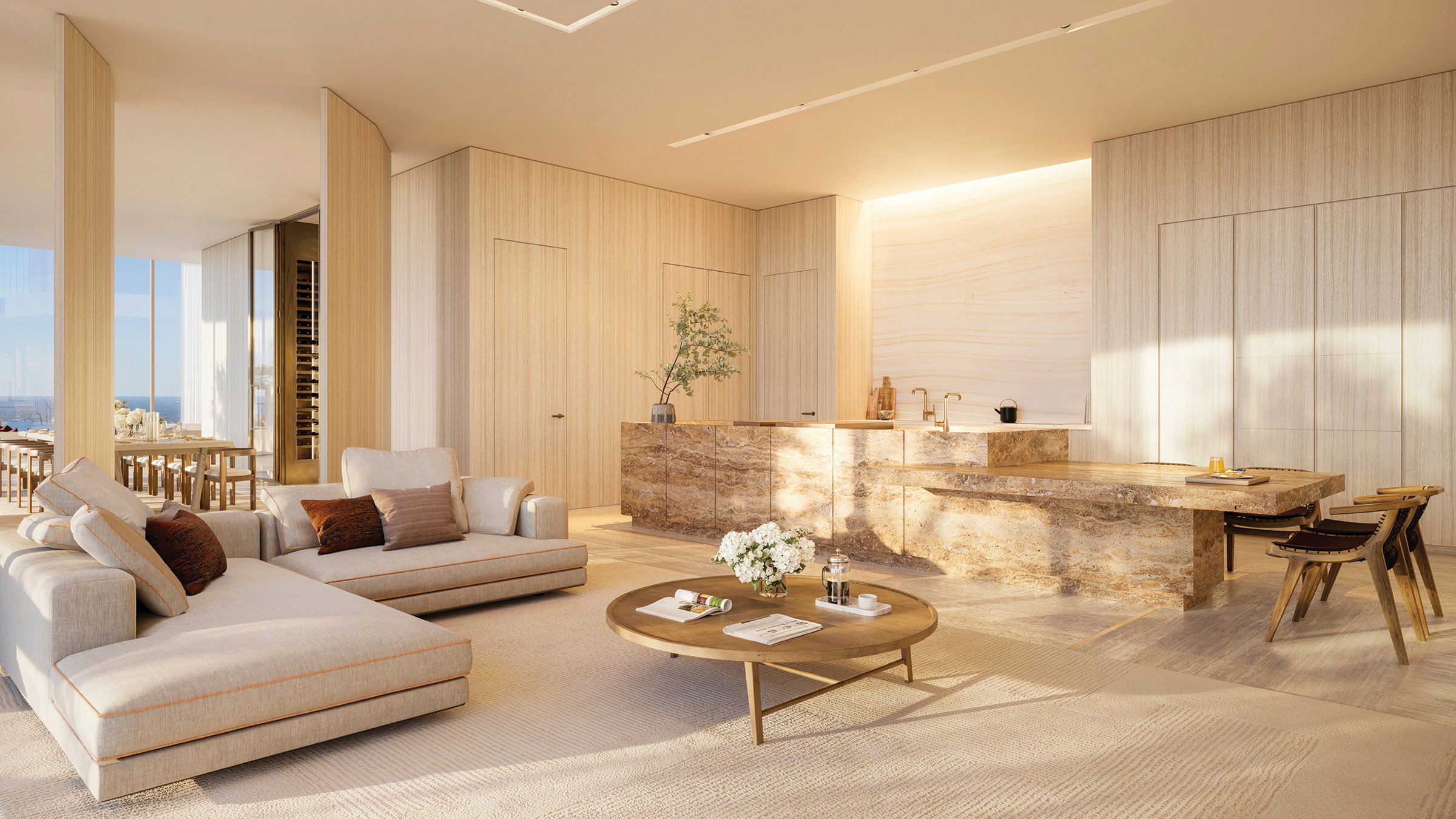 The Residences at 1428 Brickell living room interior with custom textures. Brickell, Miami; elegant space in luxury and ultra luxury condos, preconstruction. Featuring modern design.