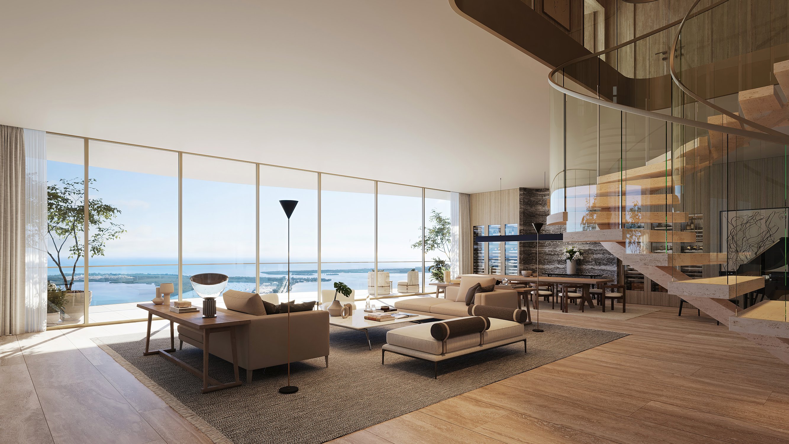 The Residences at 1428 Brickell living room with full ocean view. Brickell, Miami; floor‑to‑ceiling glass in luxury and ultra luxury condos, preconstruction. Featuring modern.