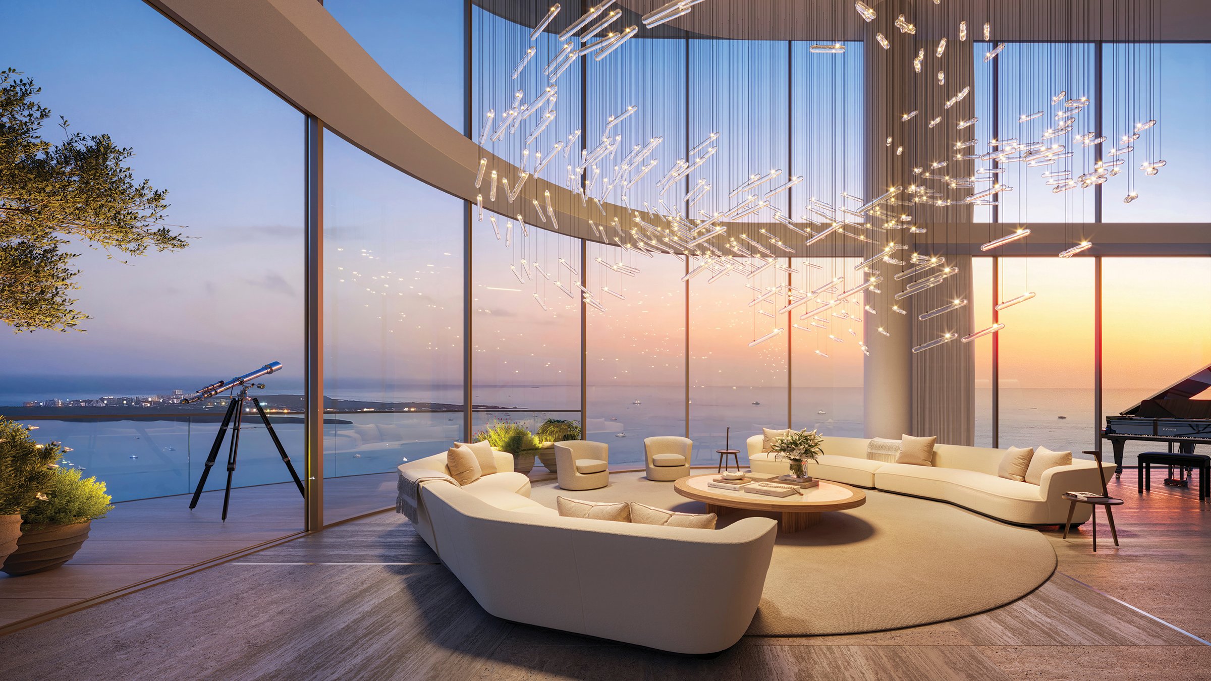 The Residences at 1428 Brickell living room at sunset overlooking the bay—Brickell, Miami; dramatic vistas for luxury and ultra luxury condos, preconstruction.