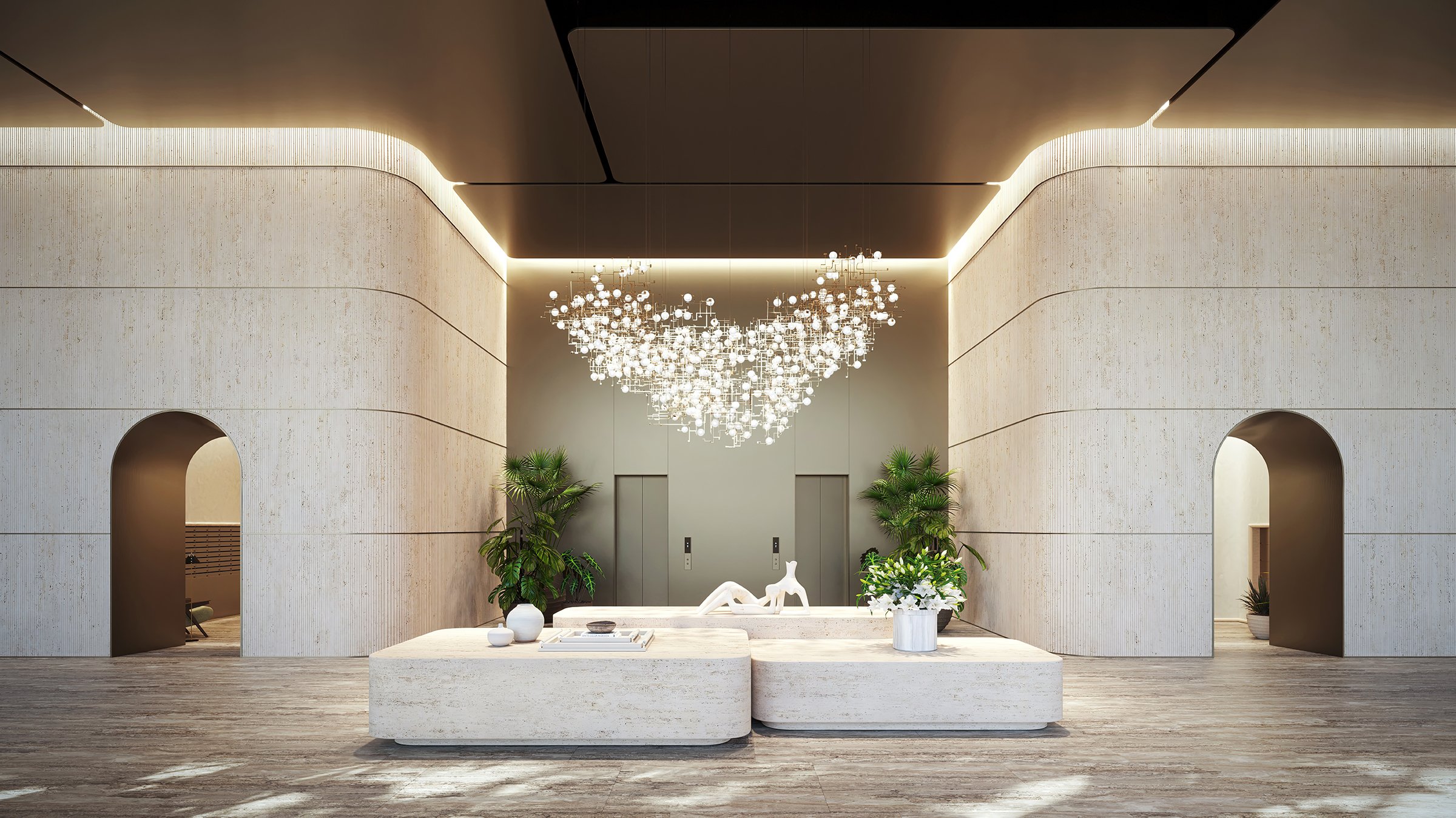 The Residences at 1428 Brickell modern lobby interior with artful design. Brickell, Miami; grand arrival for luxury and ultra luxury condos, preconstruction.