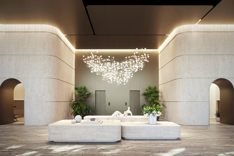 The Residences at 1428 Brickell modern lobby interior with artful design. Brickell, Miami; grand arrival for luxury and ultra luxury condos, preconstruction.