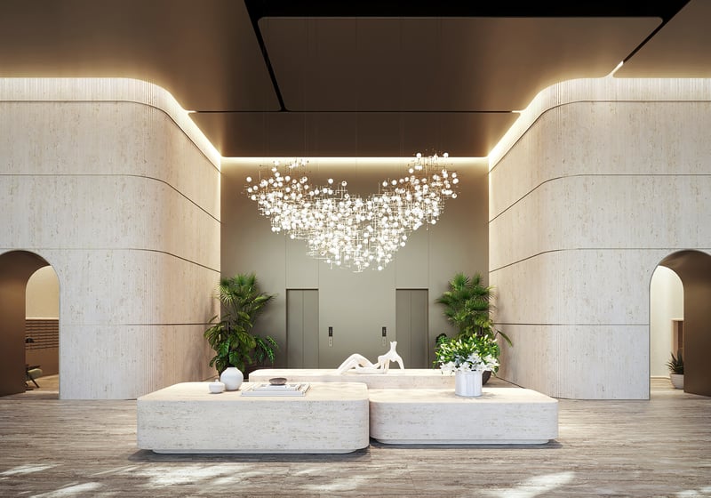 The Residences at 1428 Brickell modern lobby interior with artful design. Brickell, Miami; grand arrival for luxury and ultra luxury condos, preconstruction.