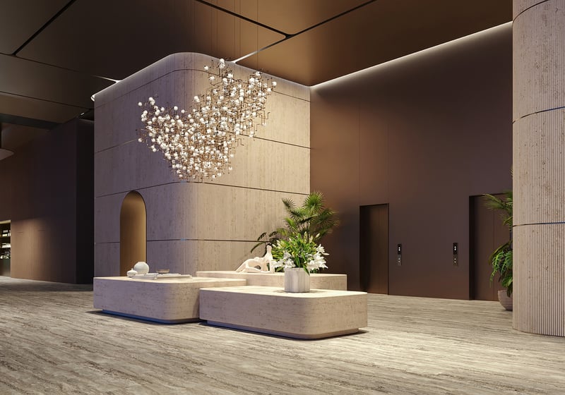 The Residences at 1428 Brickell lobby with chandelier, greenery and seating. Brickell, Miami; hotel‑style welcome for luxury and ultra luxury condos, preconstruction. Featuring modern interior and plants.