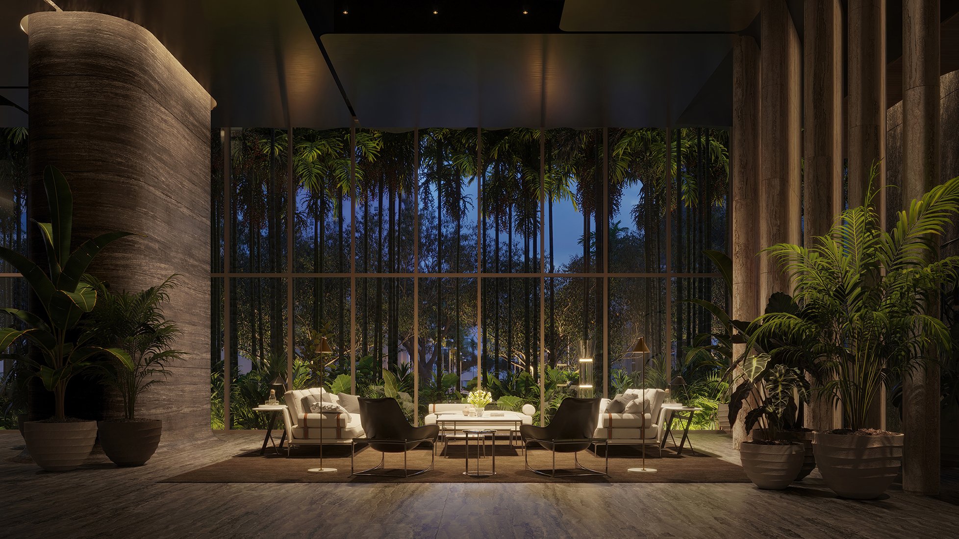 The Residences at 1428 Brickell lobby with bay views and indoor plants. Brickell, Miami; refined setting for luxury and ultra luxury condos; preconstruction. Featuring modern.