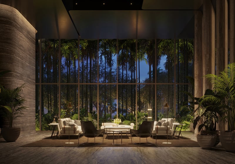 The Residences at 1428 Brickell lobby with bay views and indoor plants. Brickell, Miami; refined setting for luxury and ultra luxury condos; preconstruction. Featuring modern.