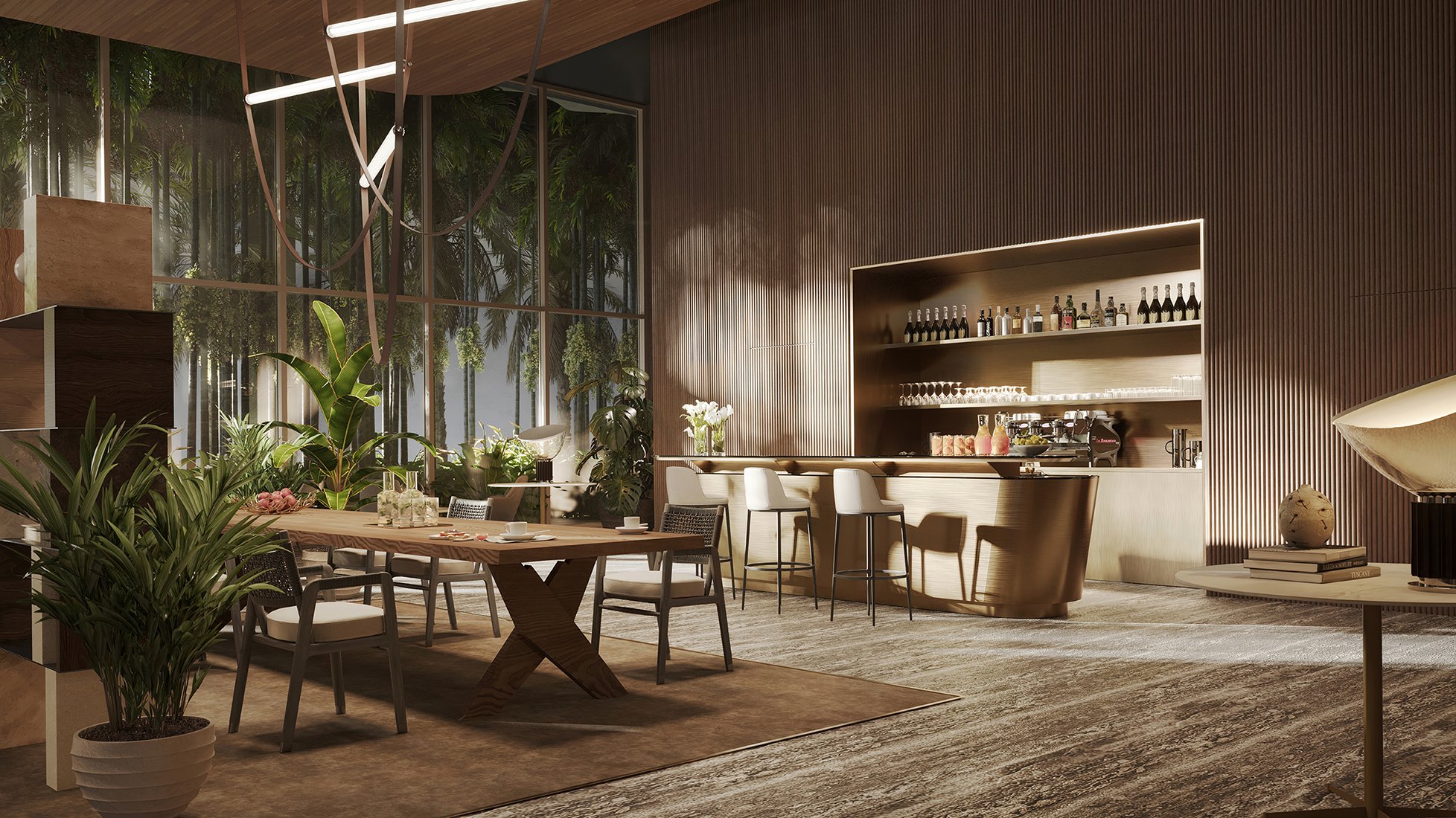The Residences at 1428 Brickell modern lounge interior with sculptural seating. Brickell, Miami; social amenity for luxury and ultra luxury condos; preconstruction. Featuring design.