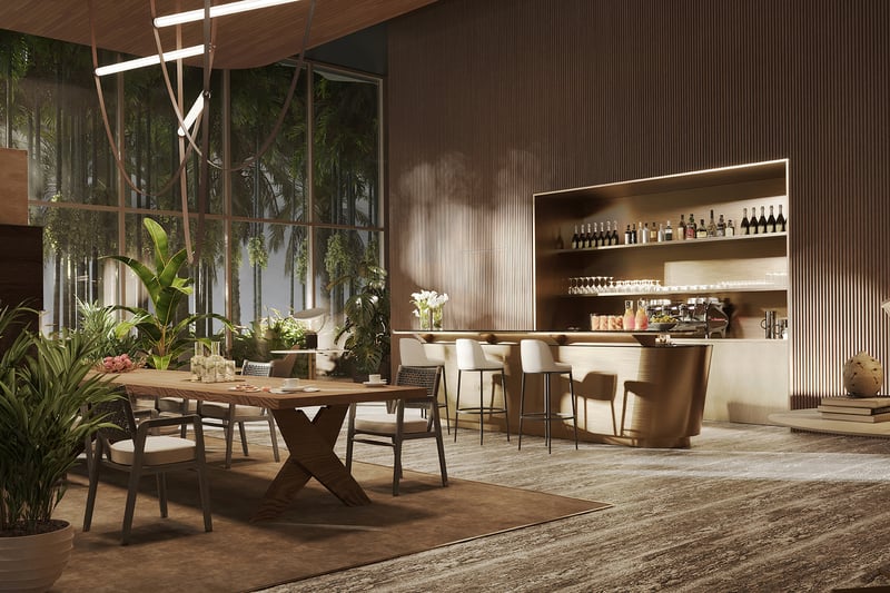 The Residences at 1428 Brickell modern lounge interior with sculptural seating. Brickell, Miami; social amenity for luxury and ultra luxury condos; preconstruction. Featuring design.
