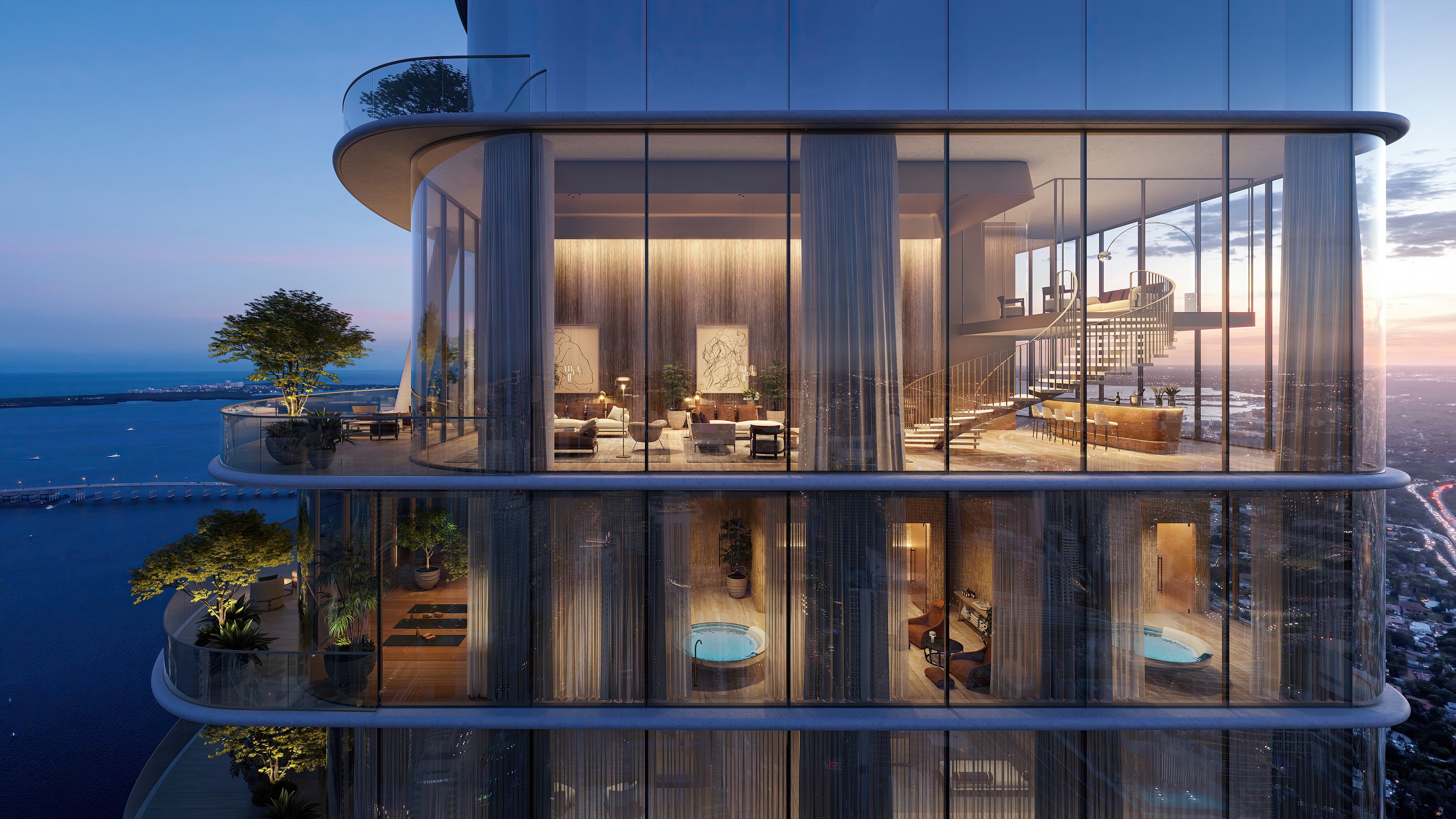 The Residences at 1428 Brickell night apartment interior with skyline lights. Brickell, Miami; elevated living in luxury and ultra luxury condos; preconstruction. Featuring modern.