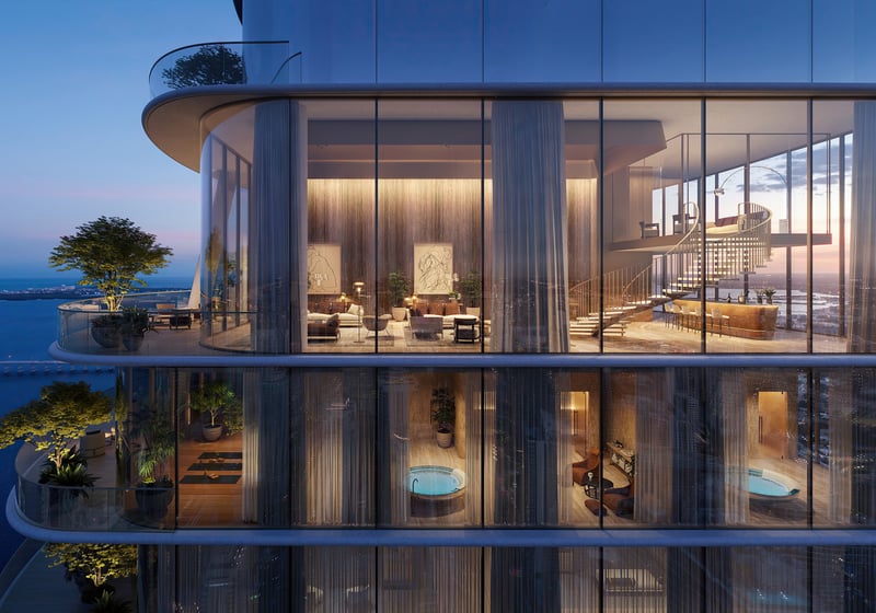 The Residences at 1428 Brickell night apartment interior with skyline lights. Brickell, Miami; elevated living in luxury and ultra luxury condos; preconstruction. Featuring modern.