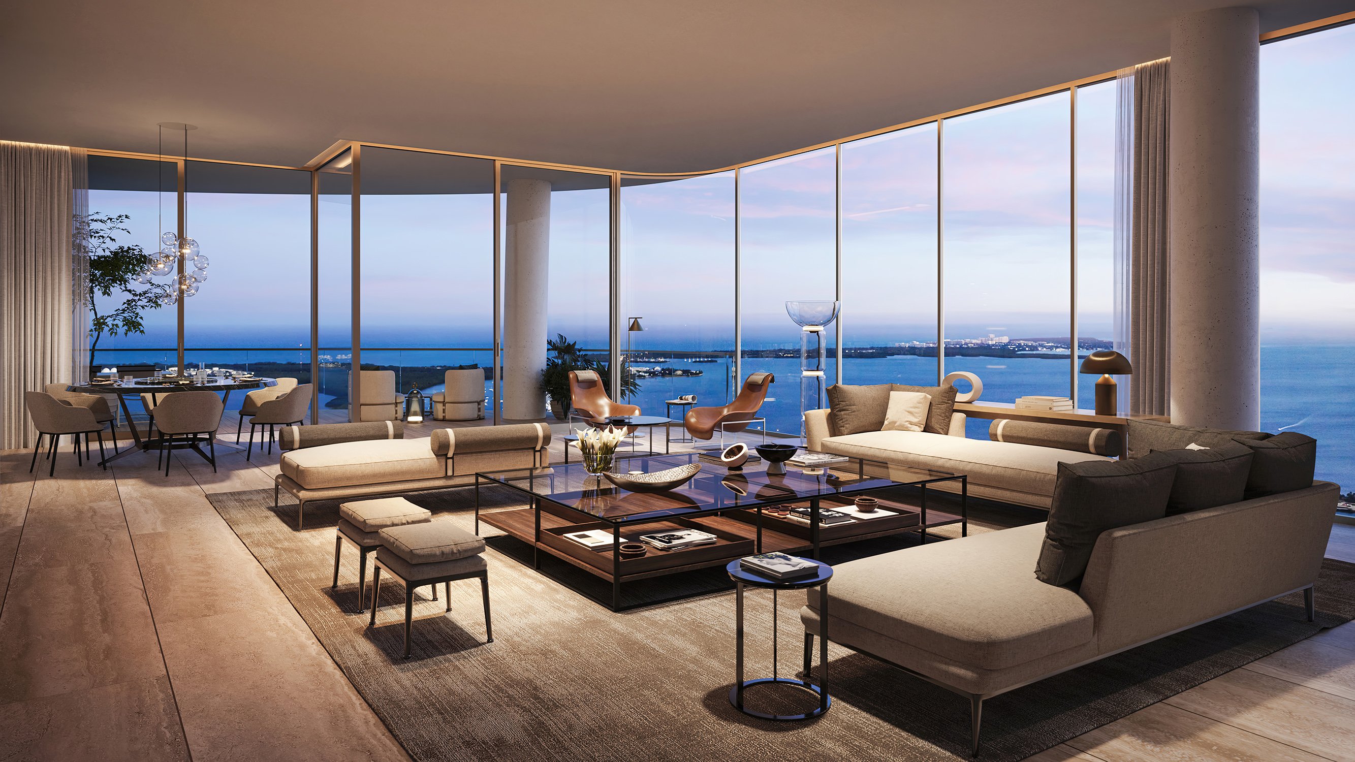 The Residences at 1428 Brickell living room with ocean and bay view. Brickell, Miami; floor‑to‑ceiling glass in luxury and ultra luxury condos; preconstruction. Featuring modern.