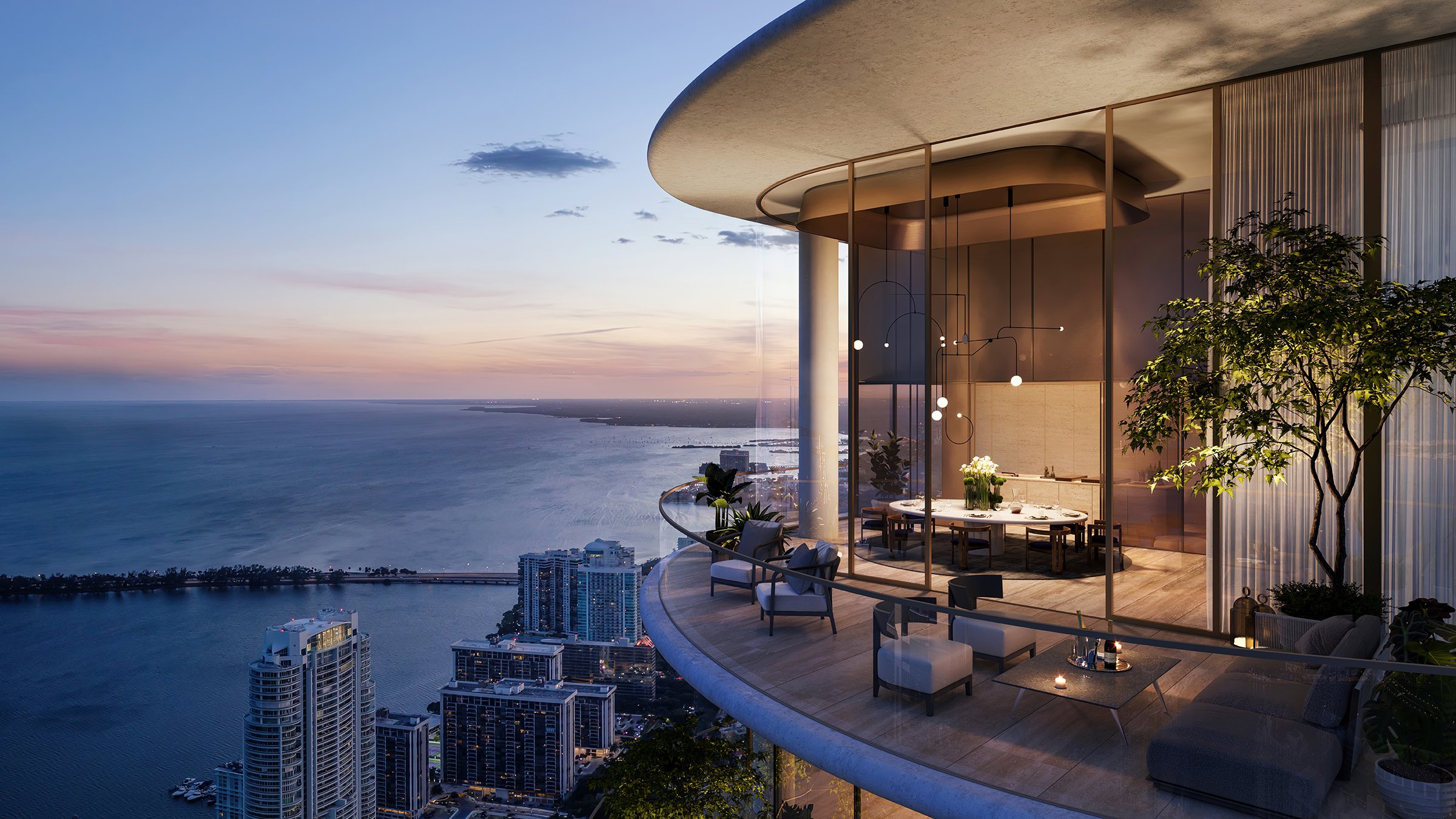 The Residences at 1428 Brickell bayfront penthouse at sunset—Brickell, Miami; sky‑high luxury and ultra luxury condos; preconstruction.