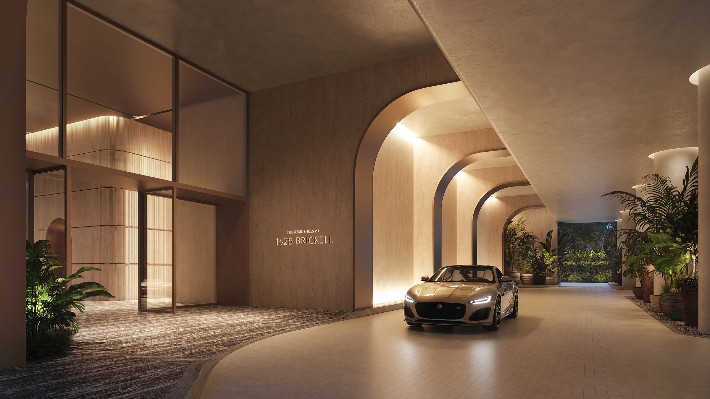 The Residences at 1428 Brickell grand lobby arrival—Brickell, Miami; hotel‑style welcome for luxury and ultra luxury condos; preconstruction.