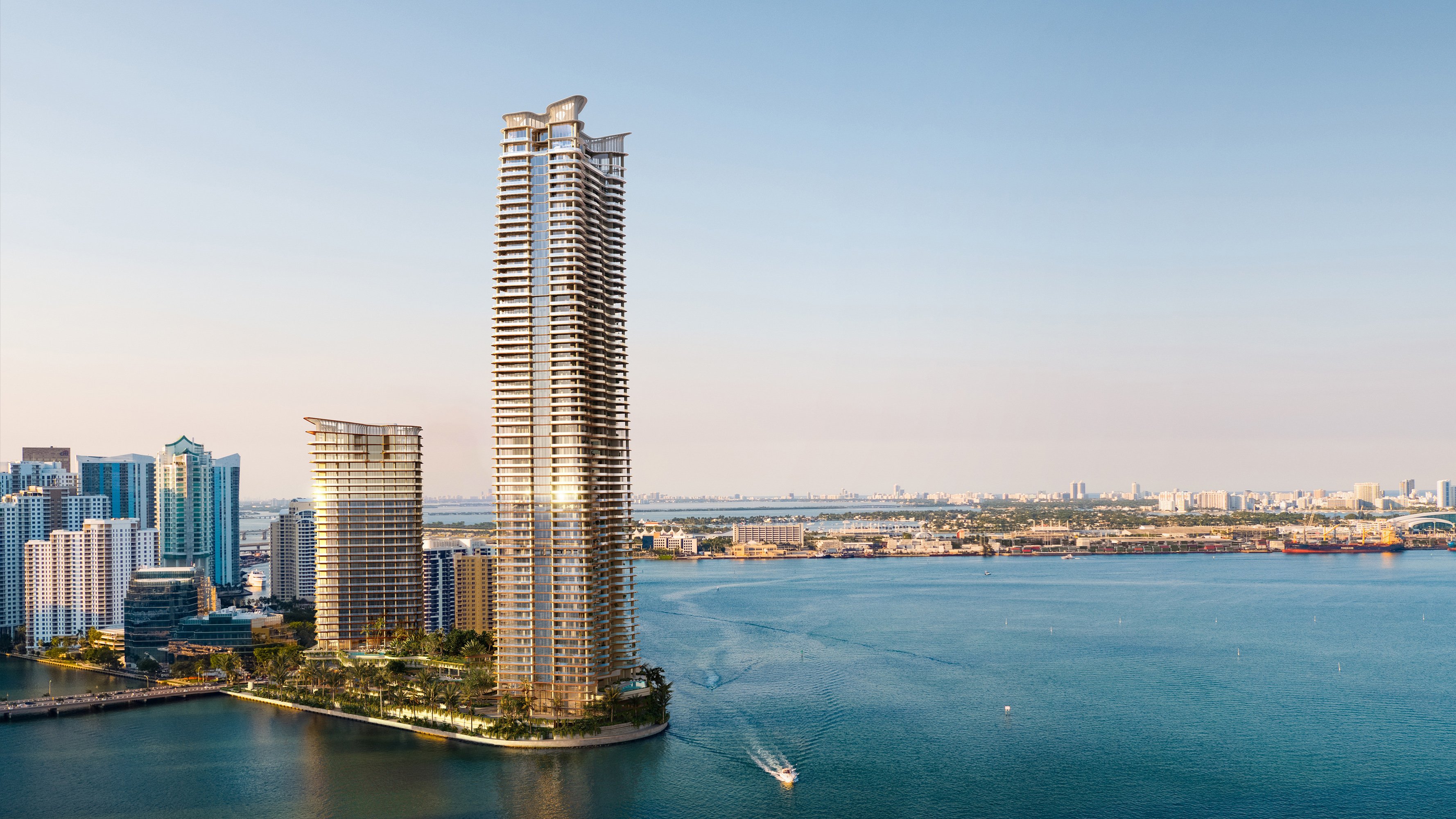 The Residences at Mandarin Oriental, Miami skyline and waterfront skyscrapers. Brickell Key, Miami; iconic luxury and ultra luxury condos; preconstruction. Featuring cityscape.