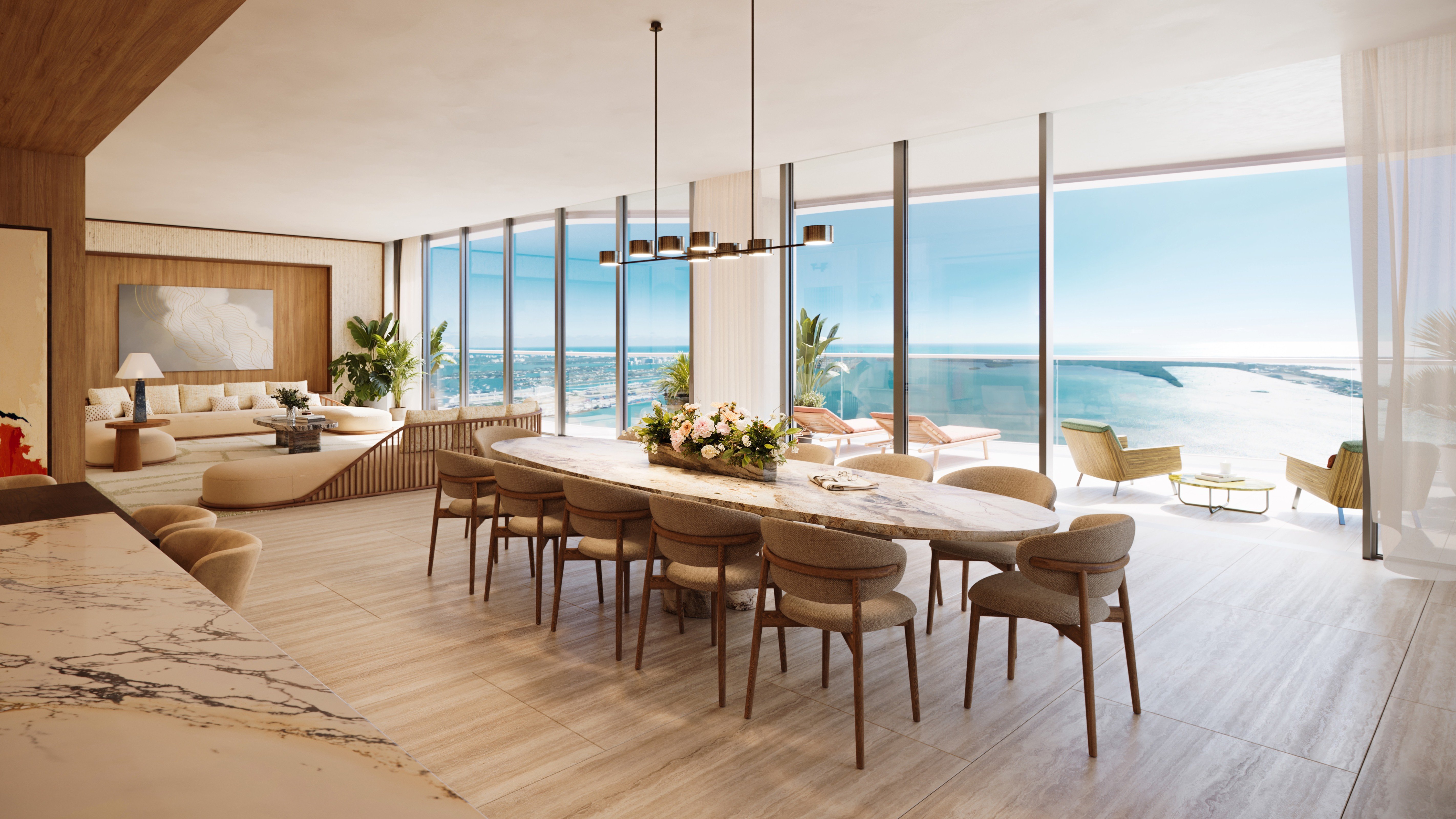 The Residences at Mandarin Oriental, Miami modern dining room with ocean view. Brickell Key; designer interiors in luxury and ultra luxury condos; preconstruction. Featuring luxurious.