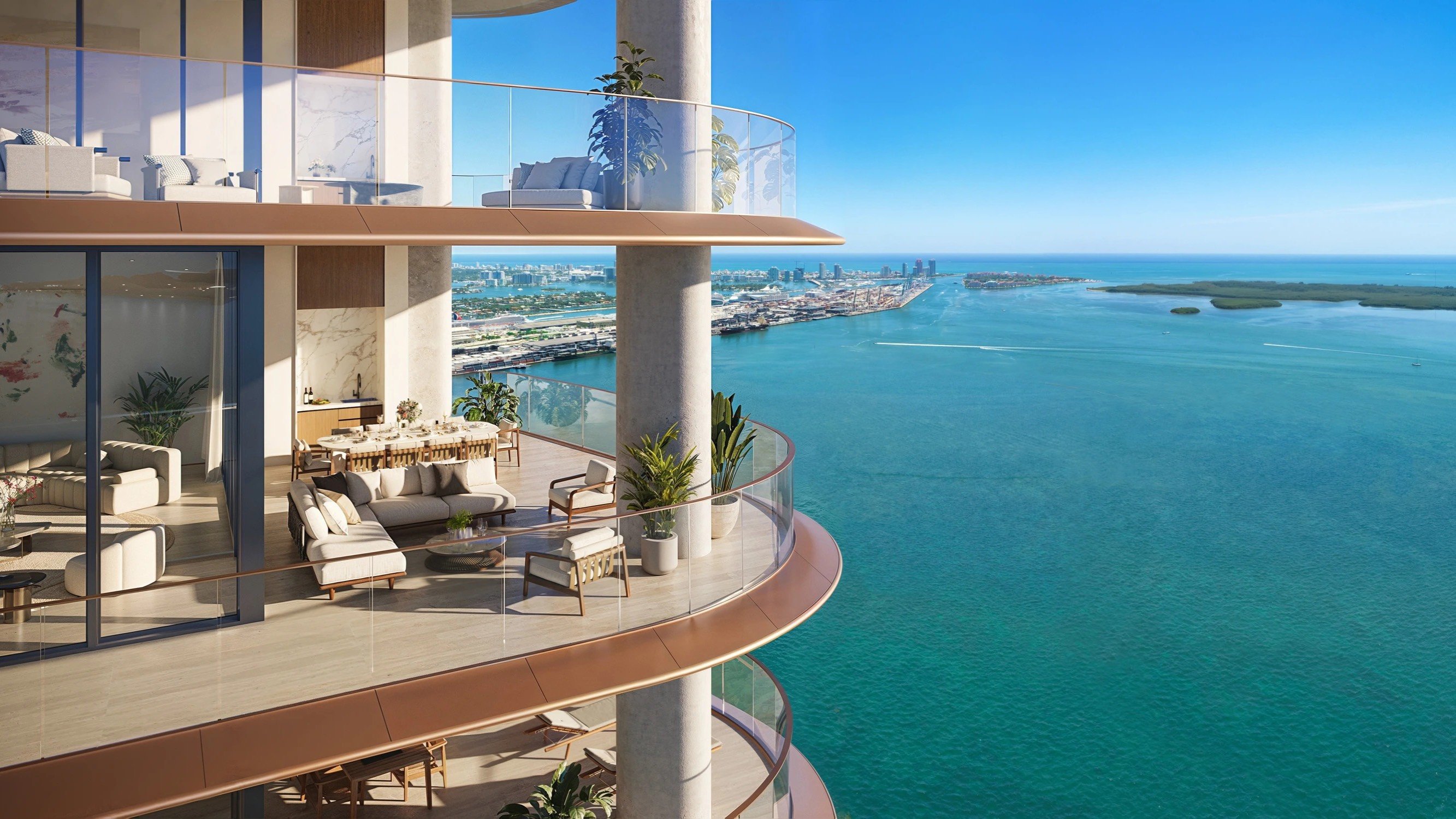The Residences at Mandarin Oriental, Brickell Key Miami balcony with waterfront view, indoor‑outdoor living for luxury and ultra luxury condos; preconstruction. Featuring modern.