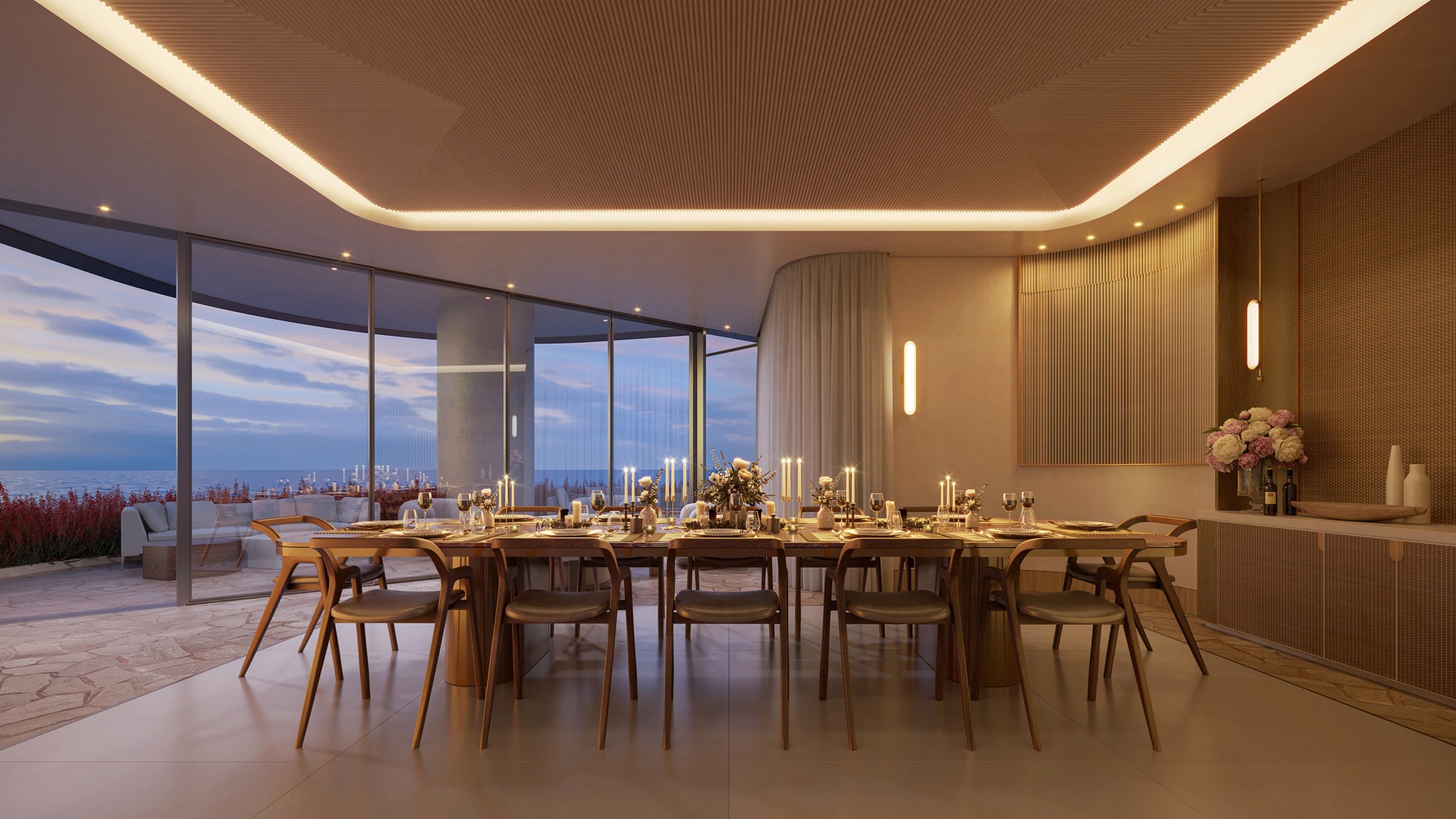Ocean-view dining room at The Residences at Mandarin Oriental, Miami Tower Two; luxury interiors for ultra luxury preconstruction condos on the Miami waterfront. Featuring elegant.