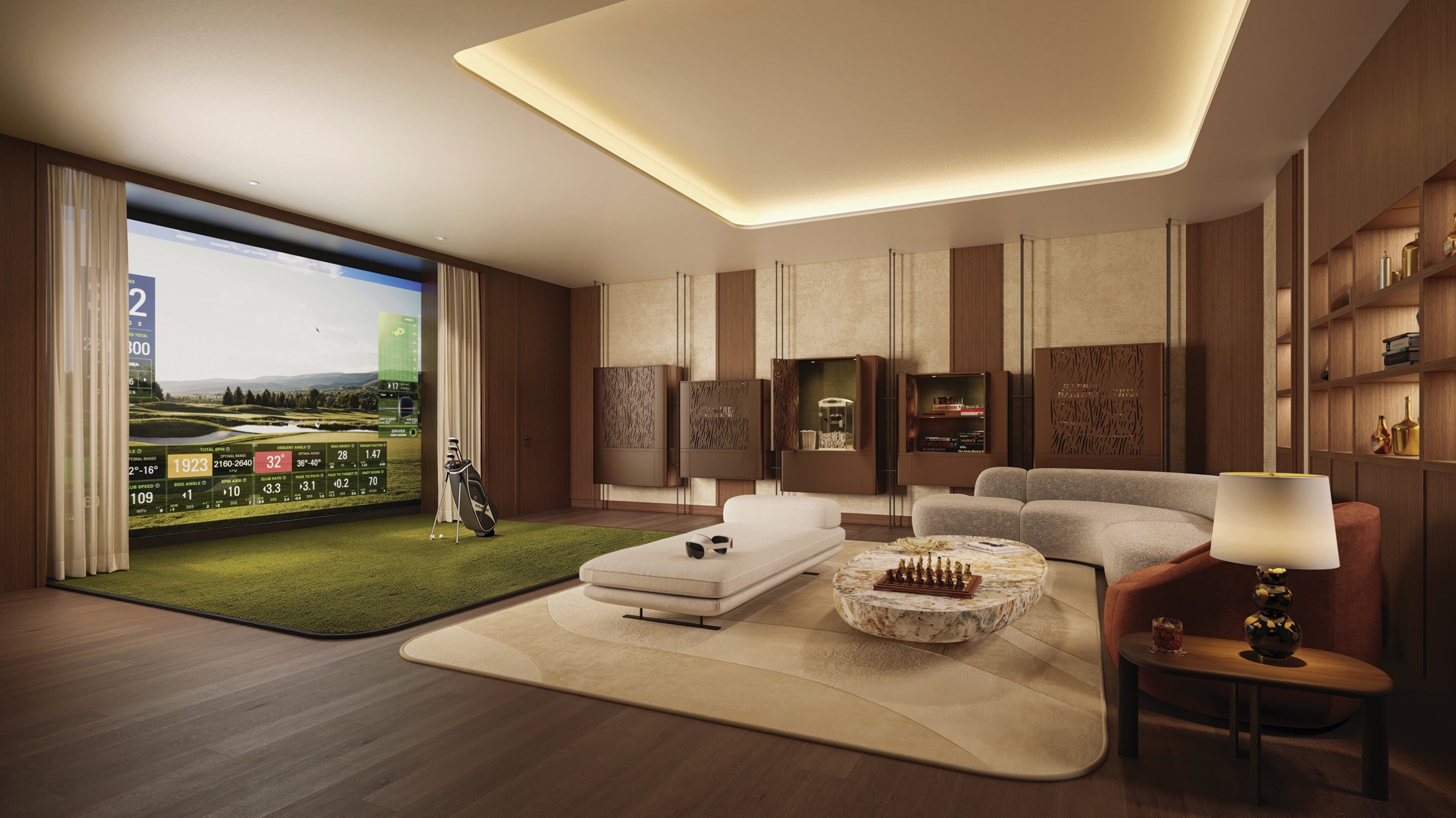 Golf simulator lounge at The Residences at Mandarin Oriental, Miami Tower Two; luxury amenity for ultra luxury preconstruction condos on the Miami waterfront. Featuring living room and interior.
