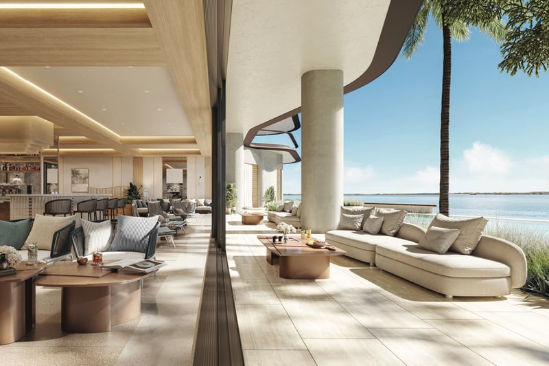Waterfront lounge with skyline views at The Residences at Mandarin Oriental, Miami Tower Two; luxury amenity for ultra luxury preconstruction condos in Miami. Featuring view.